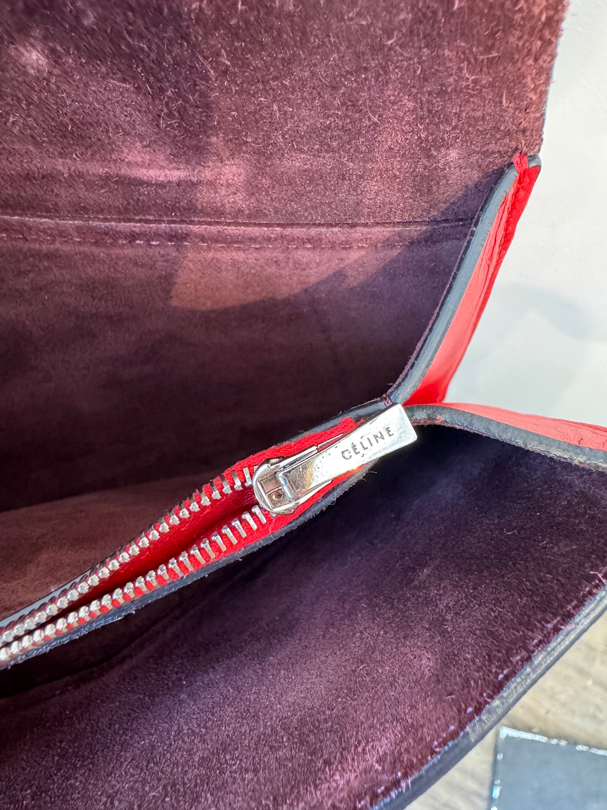 Celine Red Leather And Suede Diamond Clutch Handbag