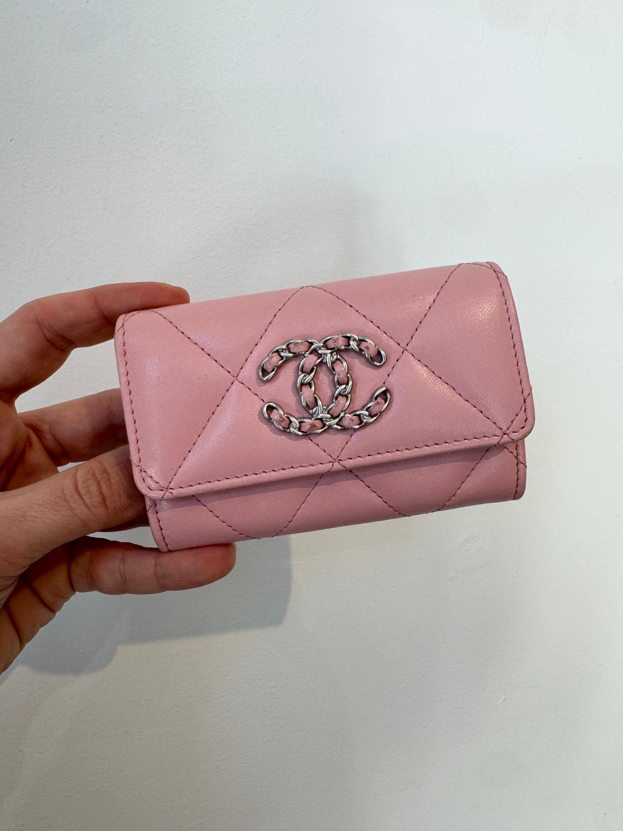 Chanel 19 Leather Chain CC Quilted Card Holder, Pink
