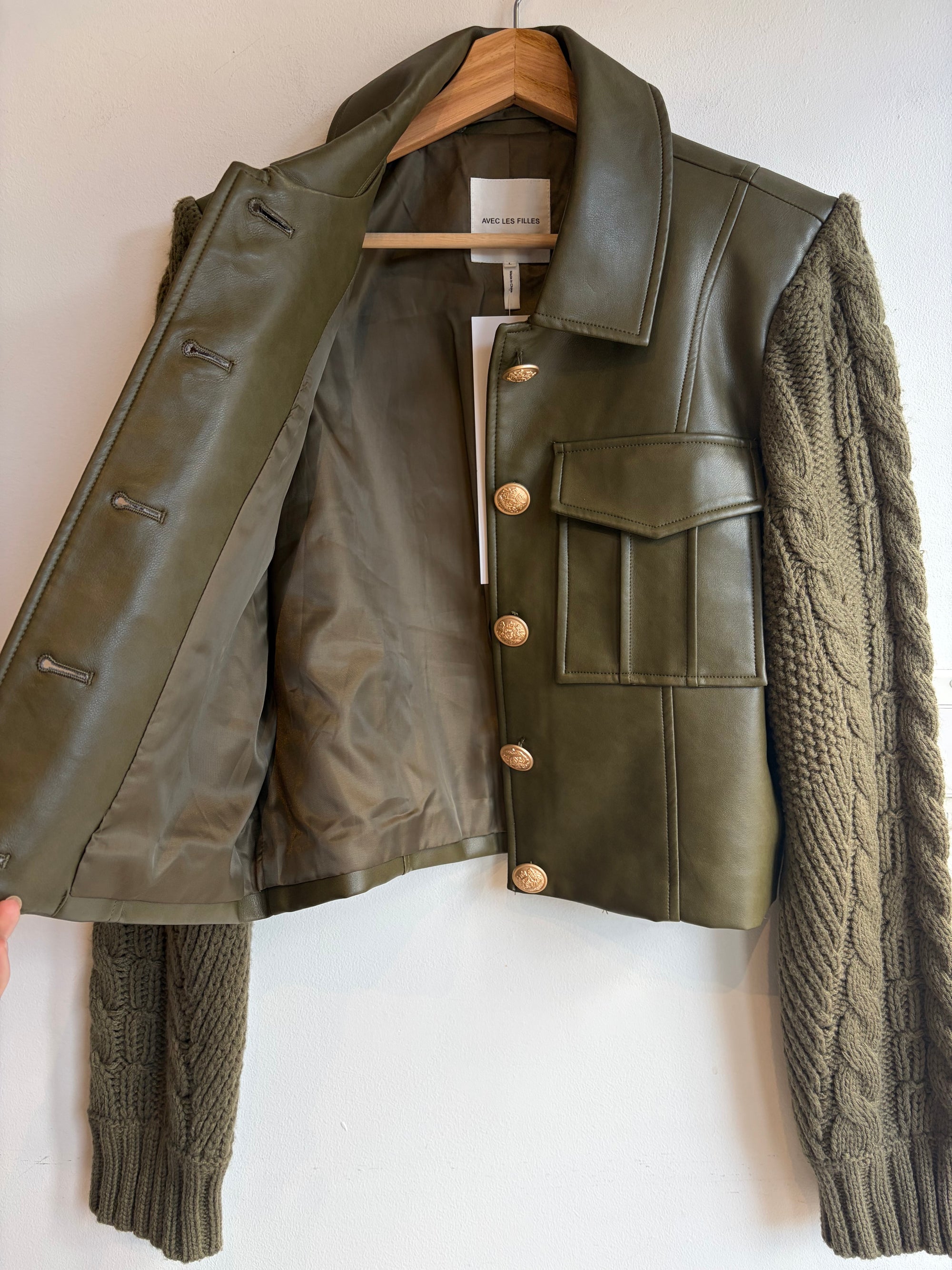 Avec Les Filles, faux leather cropped utility jacket with crochet sleeves, Large