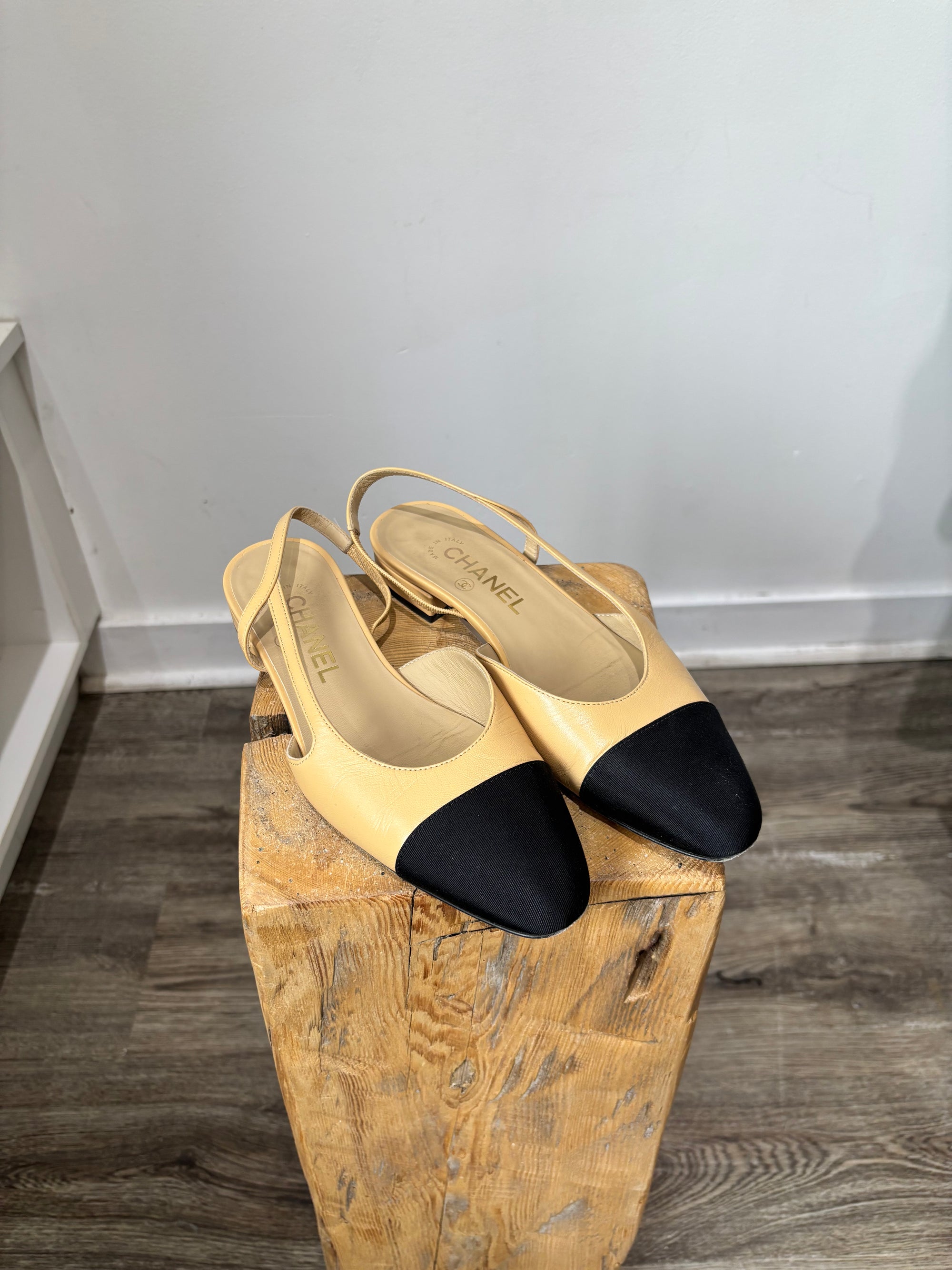 Chanel Toe Cap Slingback Flats Beige, Black, 36.5
