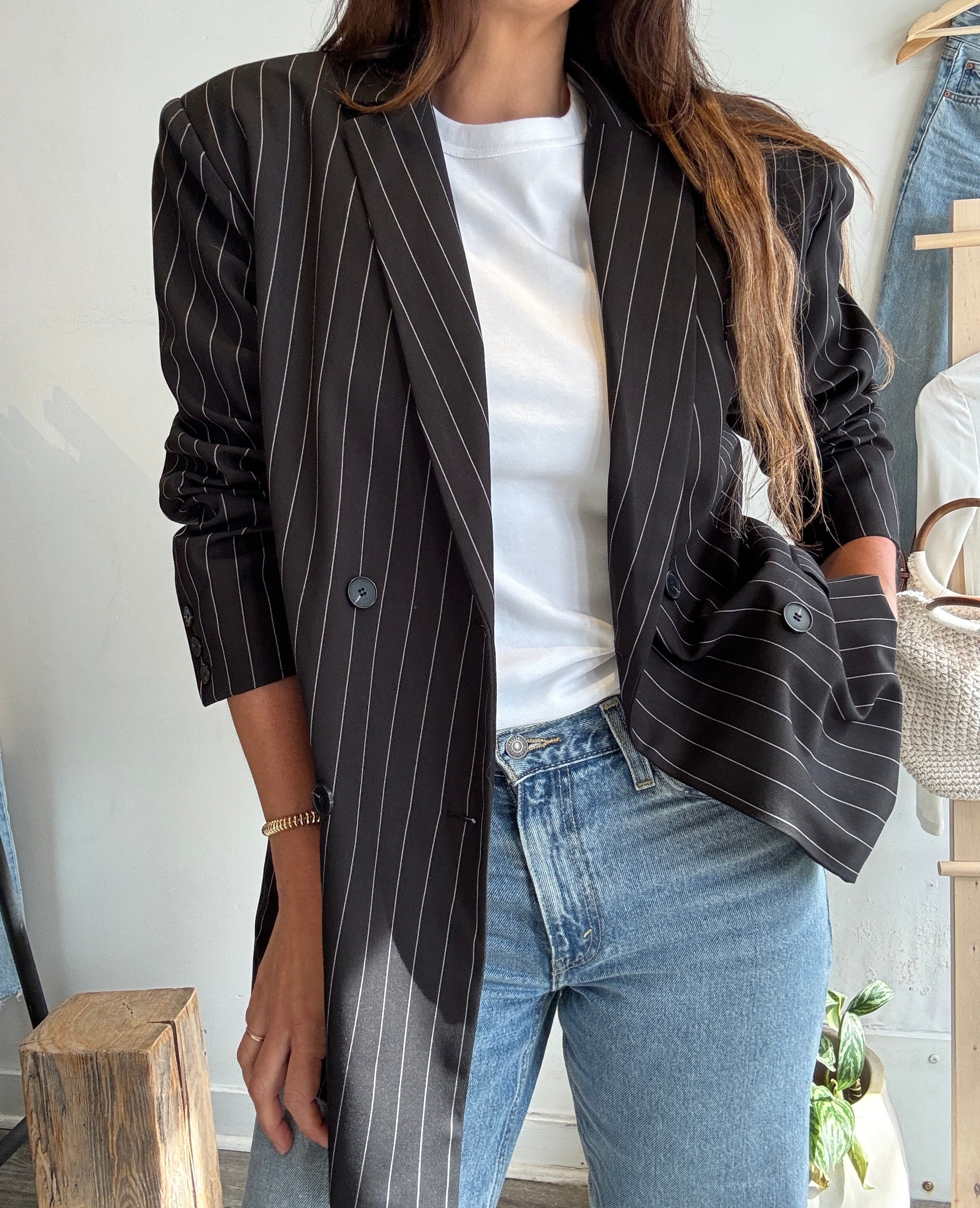 The Frankie Shop pinstripe double breasted blazer, Navy, Small