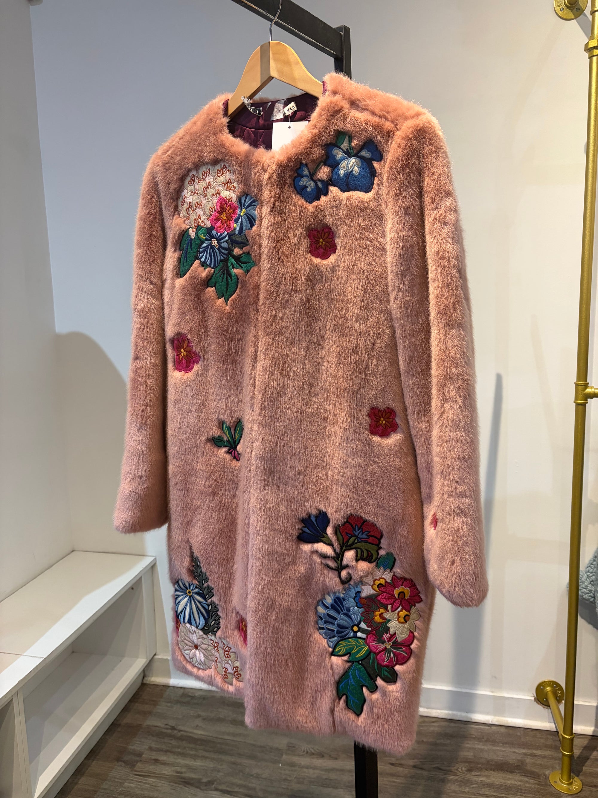 Alice + Olivia embroidered faux fur coat, Pink, Medium