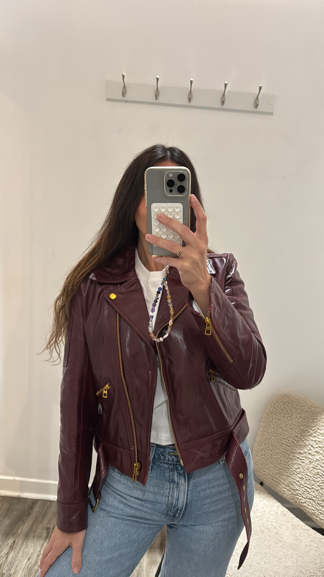 Tory Burch leather biker jacket, Deep Red, 10