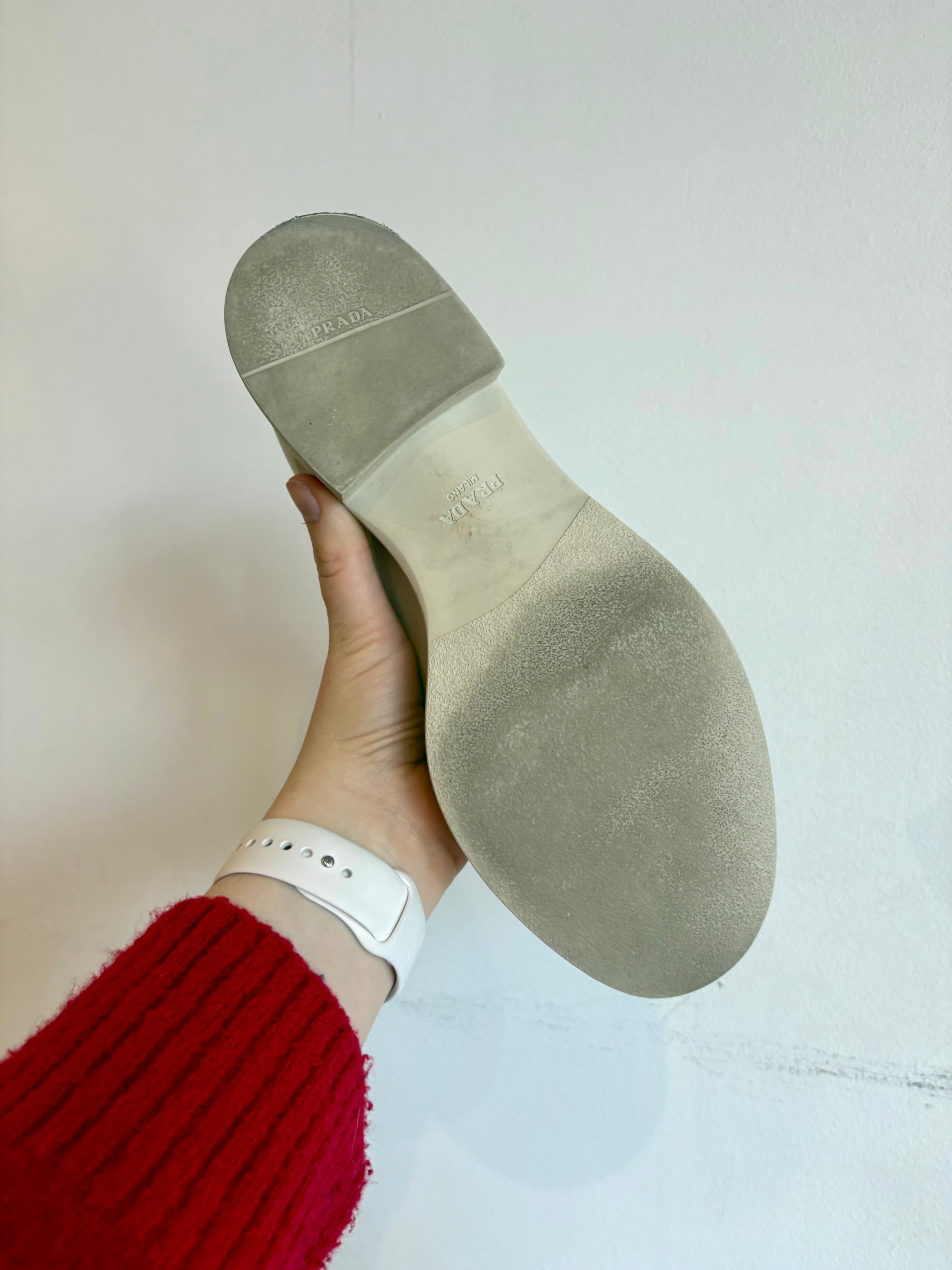 Prada Logo Plaque Loafers, White, 40