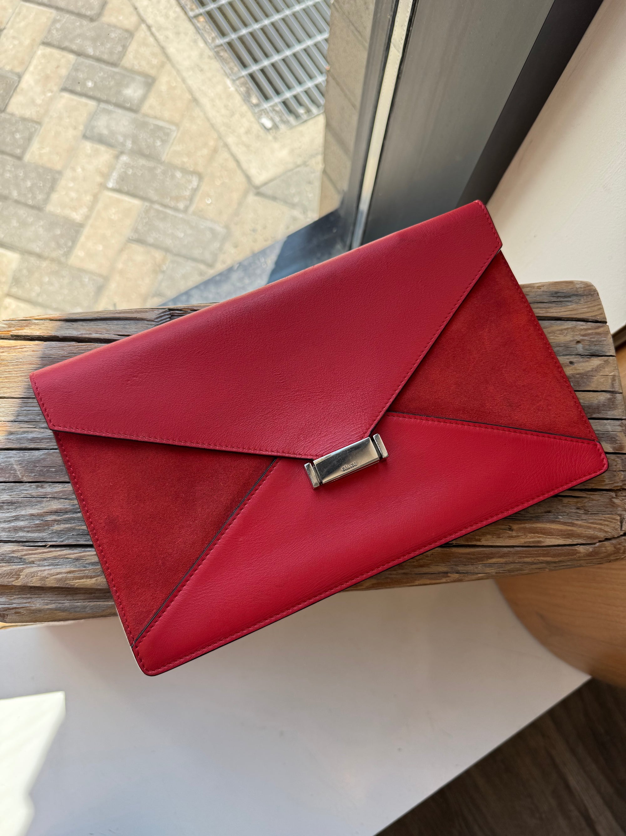 Celine Red Leather And Suede Diamond Clutch Handbag