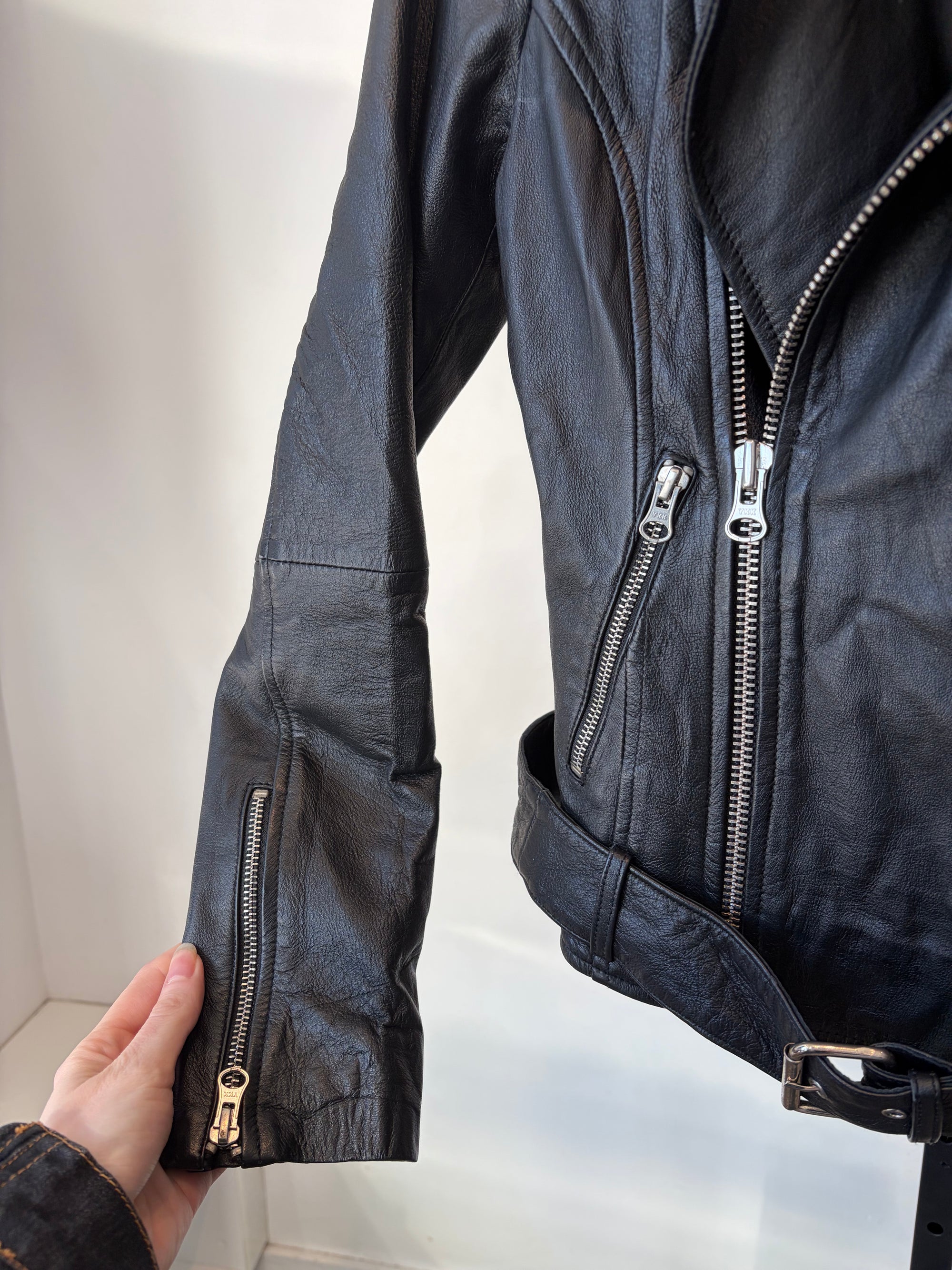 Barney's Originals Genuine Leather Biker Jacket NWT, Black, 8 (fits XS/S)