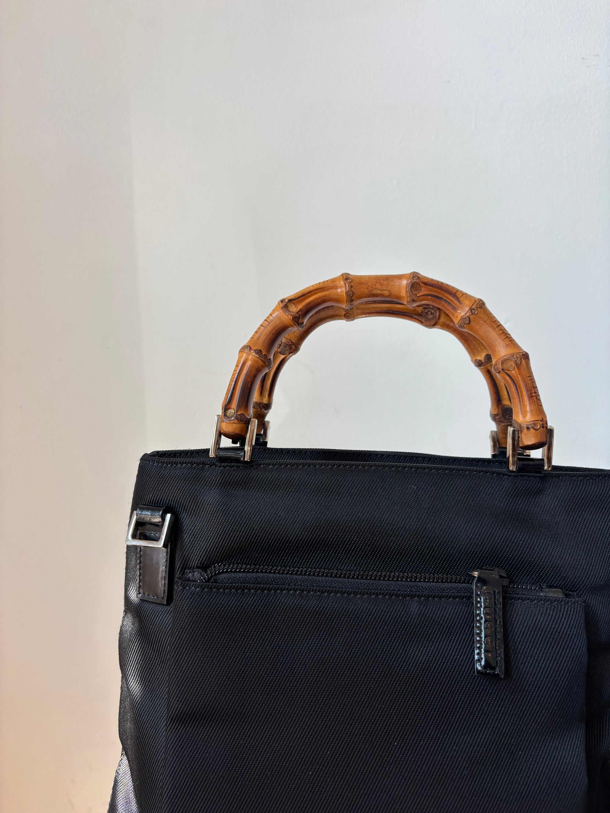 Gucci Black Nylon Bamboo Top Handle Handbag