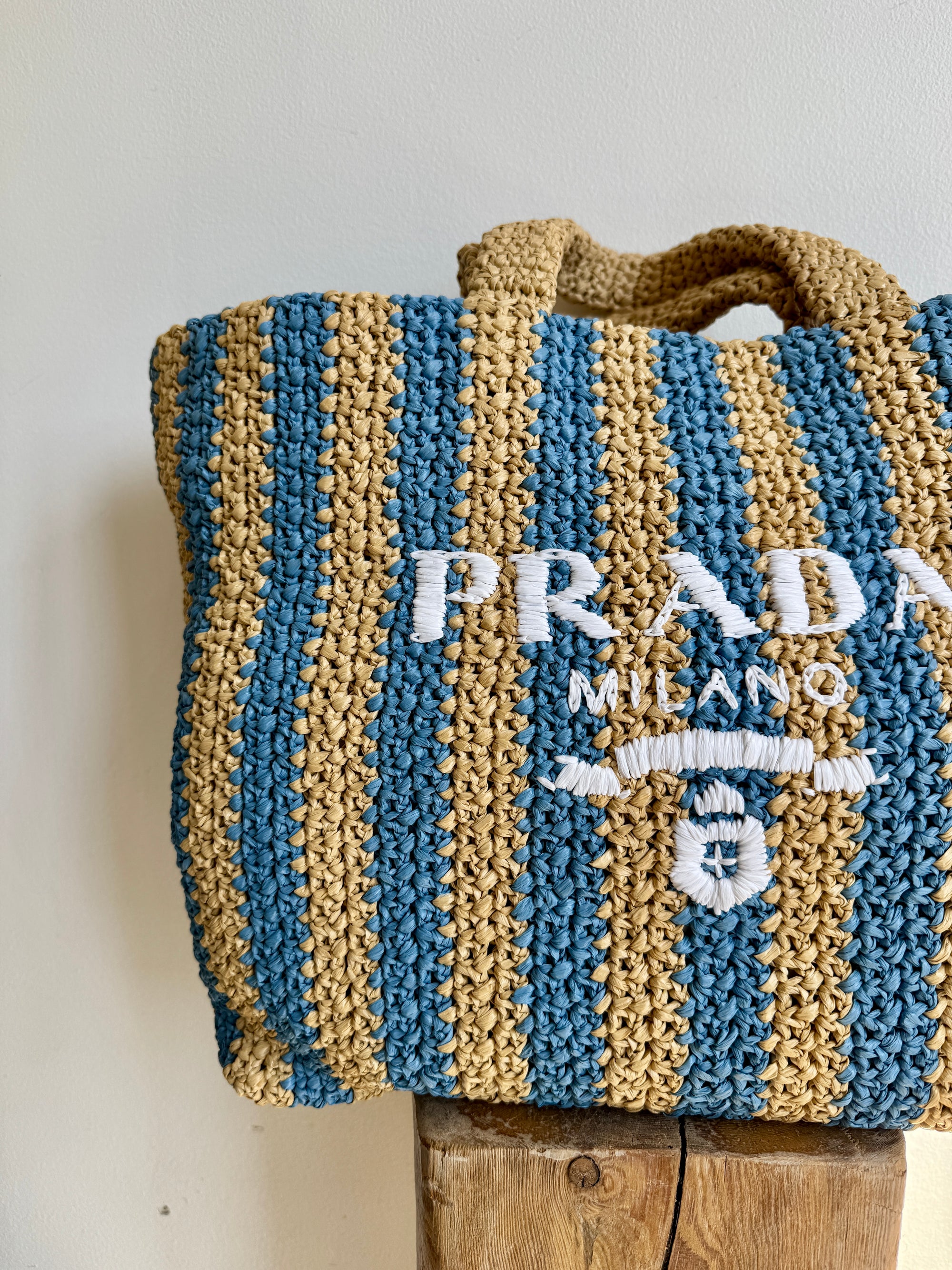 Prada Raffia Tote Bag, Tan / Blue, Large