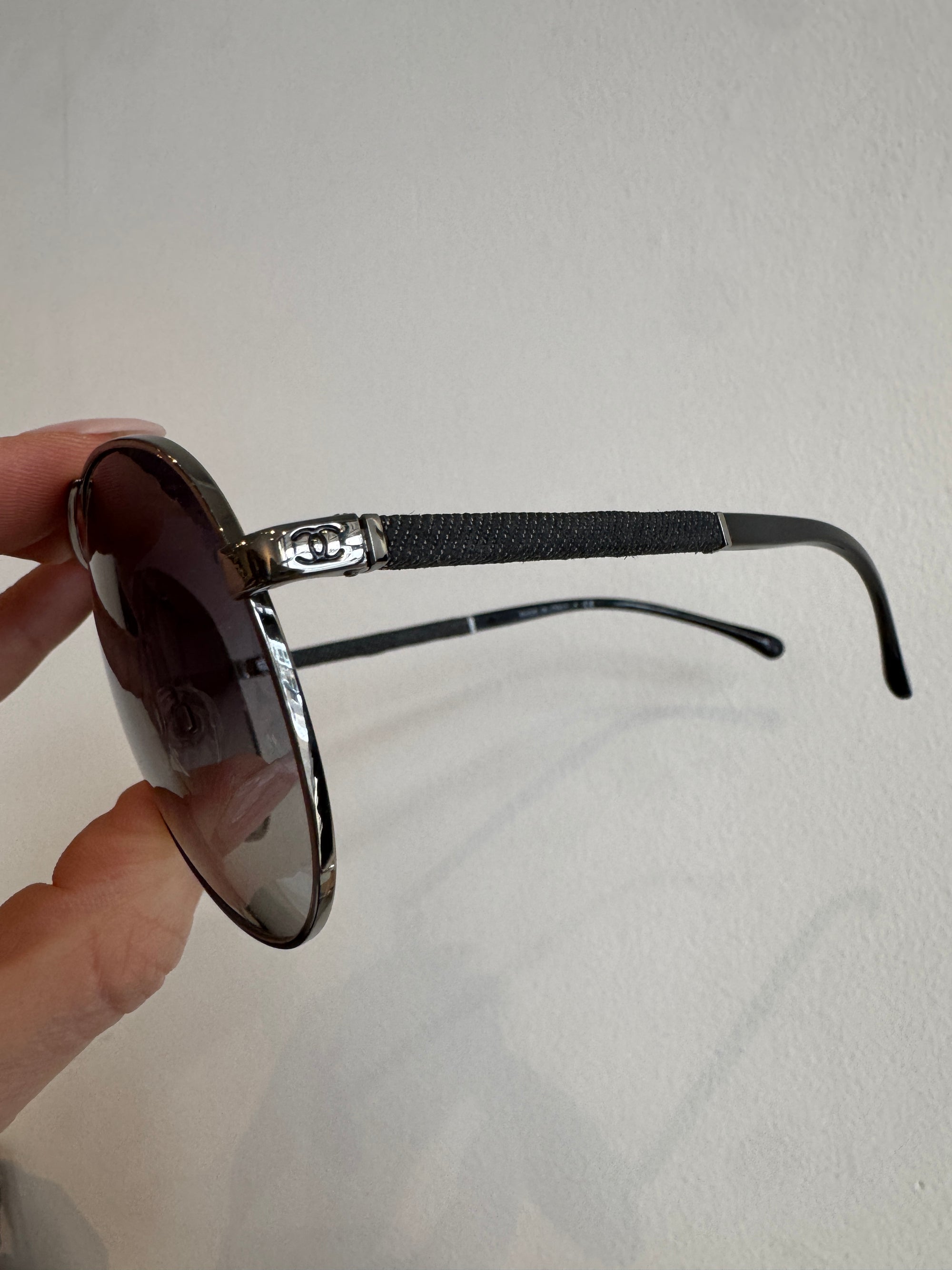 Chanel Aviator Sunglasses with denim arm detail,  Black/Silver