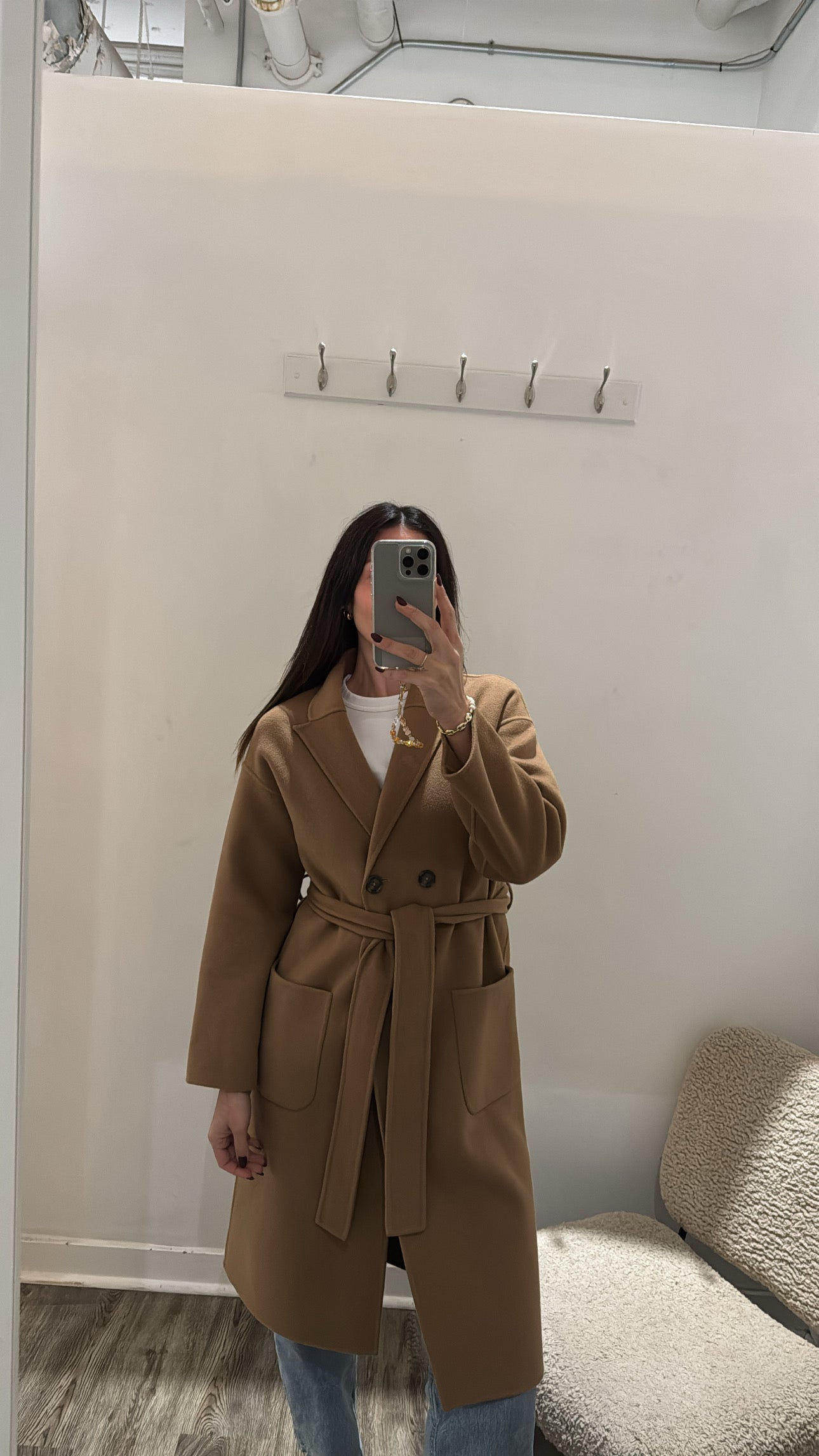 Anine Bing Dylan belted long coat, wool/cashmere blend, Camel, XS