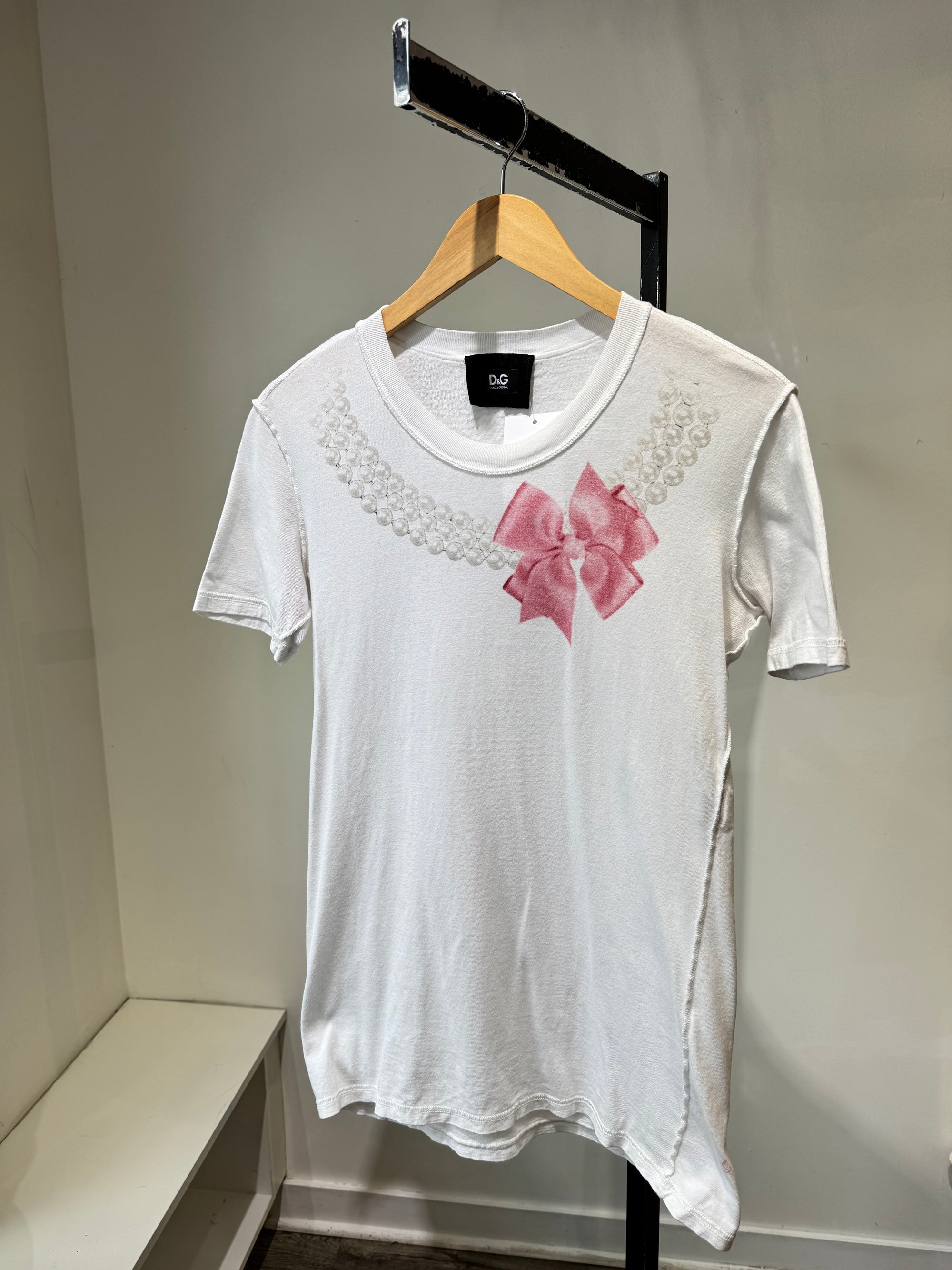 Dolce and Gabbana White Pearl and Bow Printed T-Shirt, 44