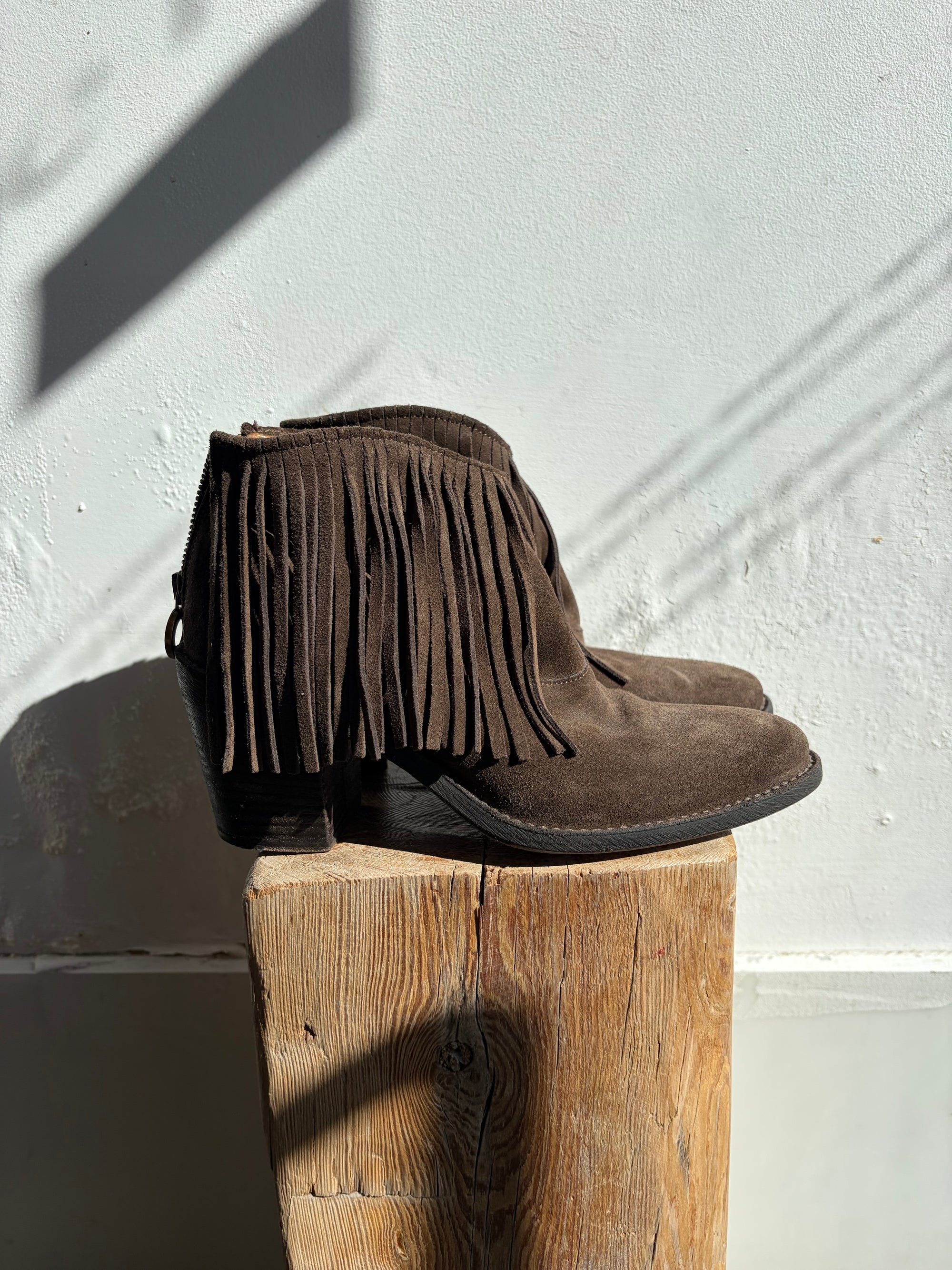 Fiorentini + Baker Suede Fringe Made in Italy Boots, Brown, 38.5