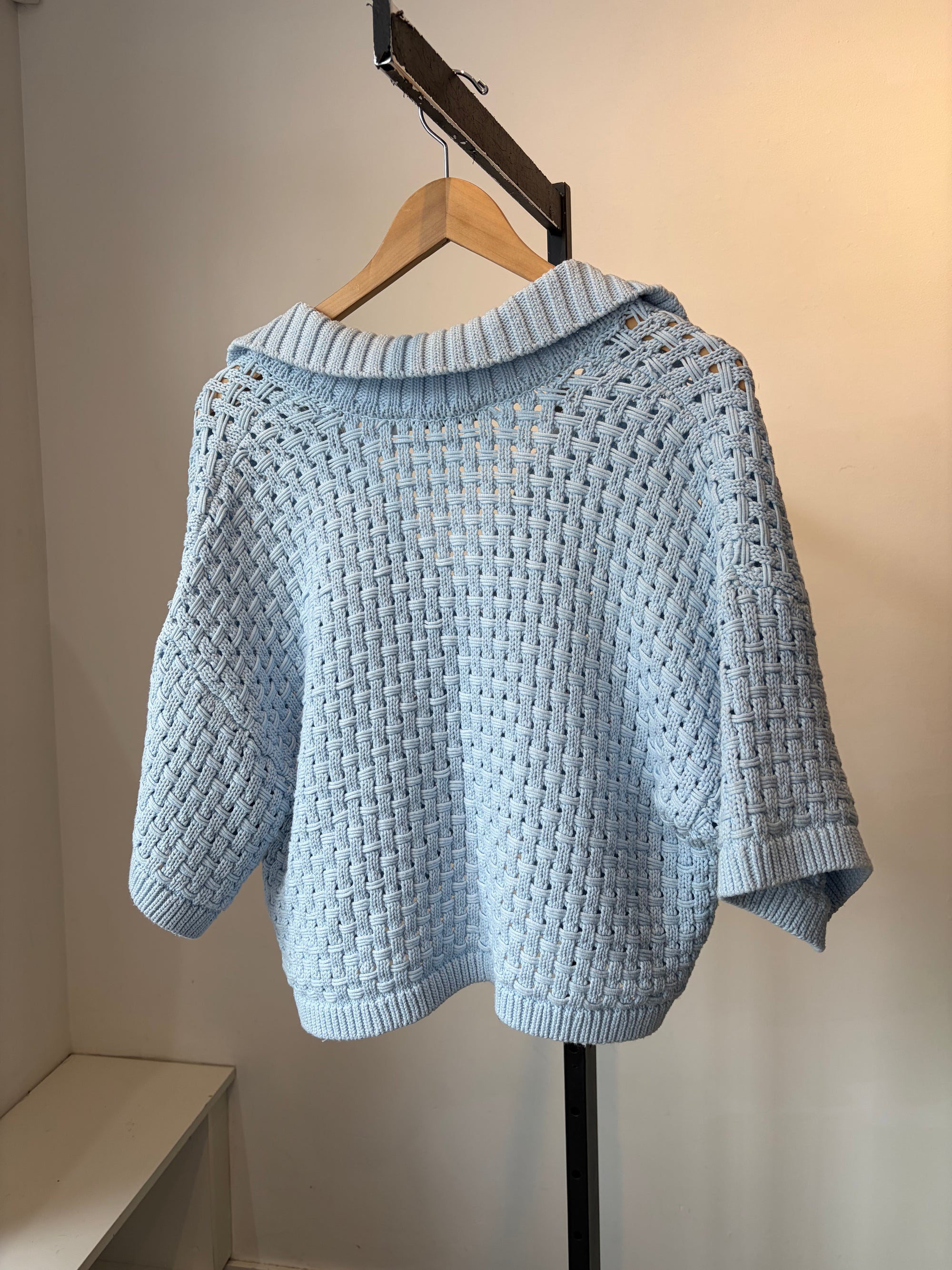 Oval Square Cropped Knit Polo Sweater, Blue, Small