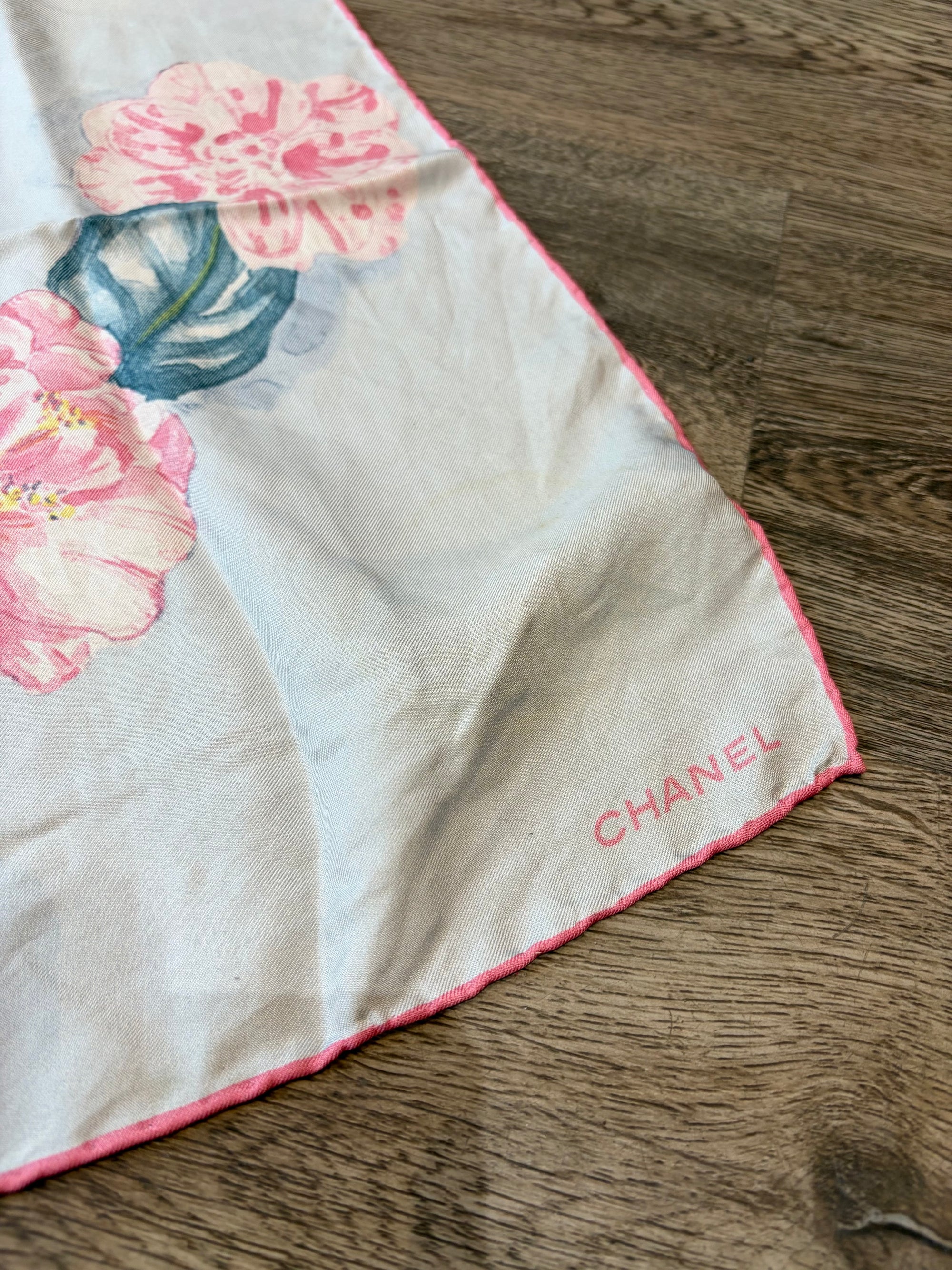 Chanel Silk Floral Square Scarf, Light Blue/Pink, 34.5'' x 33.5''