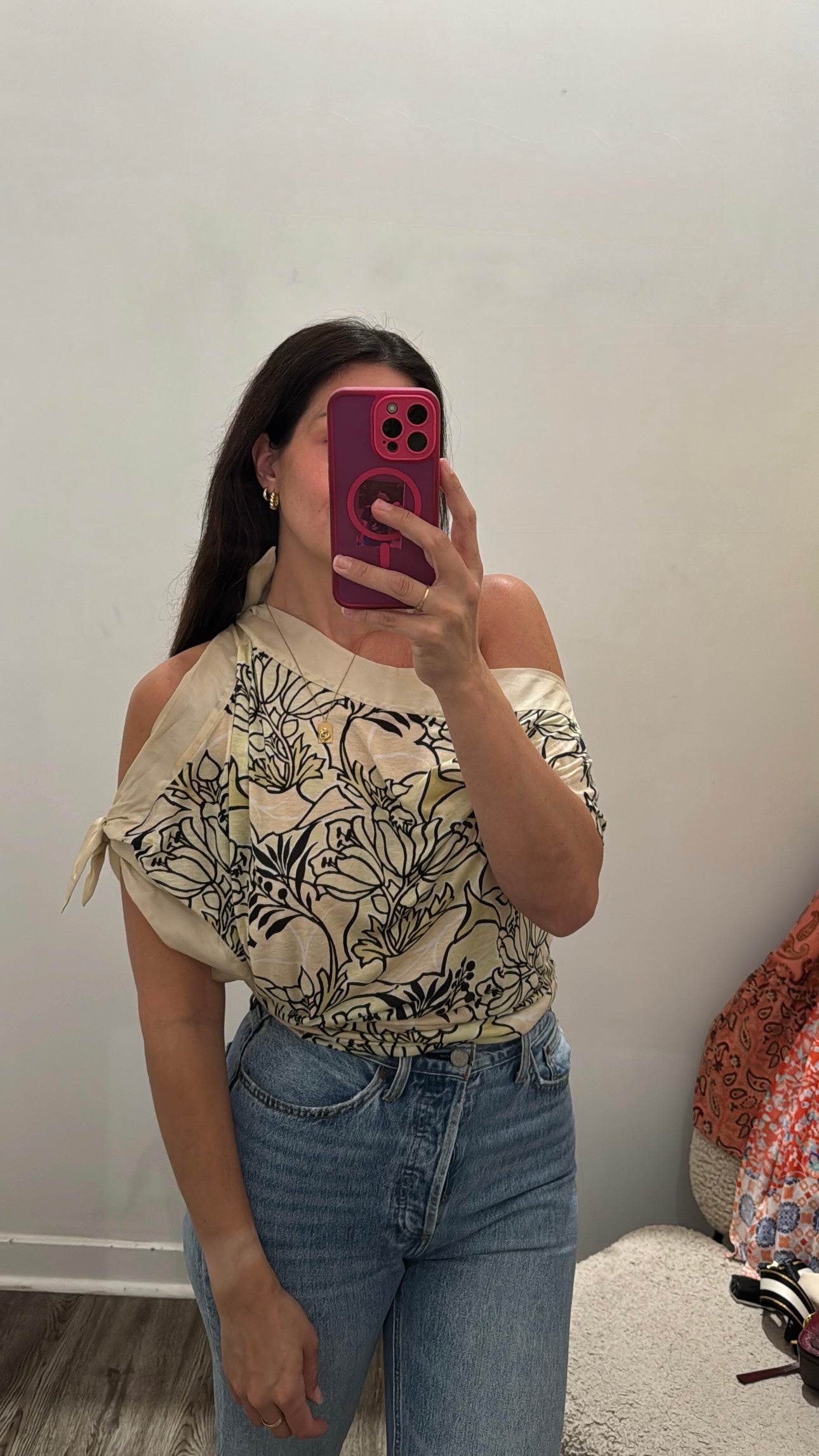 Prada floral jersey top with silk trim, Cream, Small