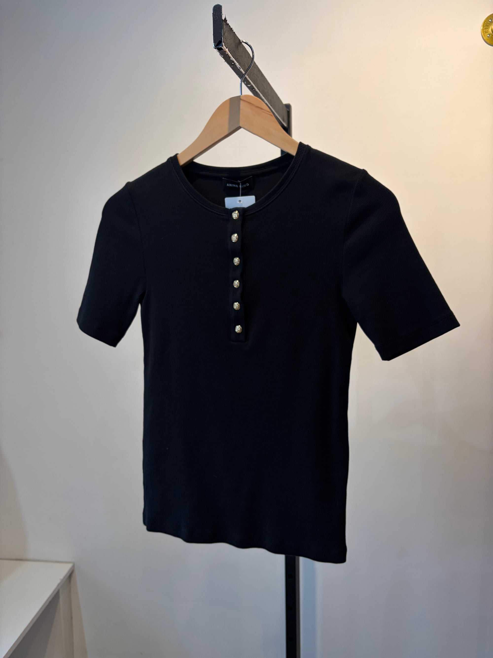 Anine Bing henley ribbed top, Black, XS