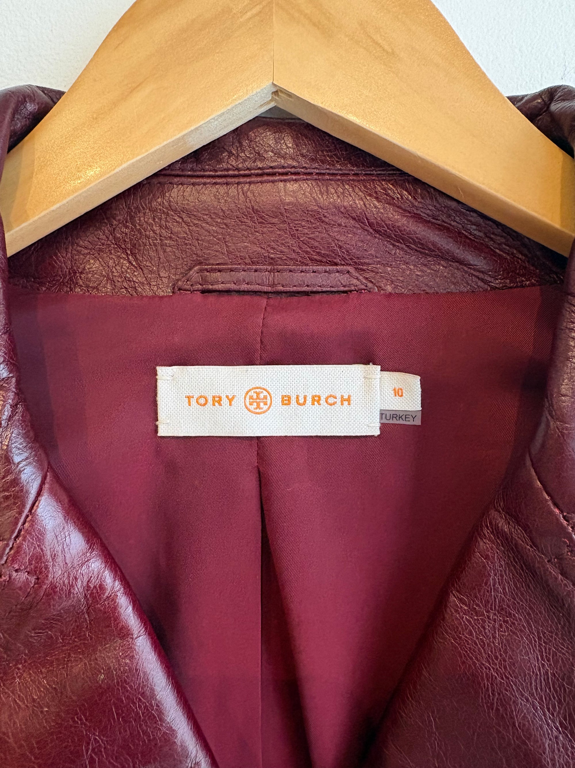 Tory Burch leather biker jacket, Deep Red, 10