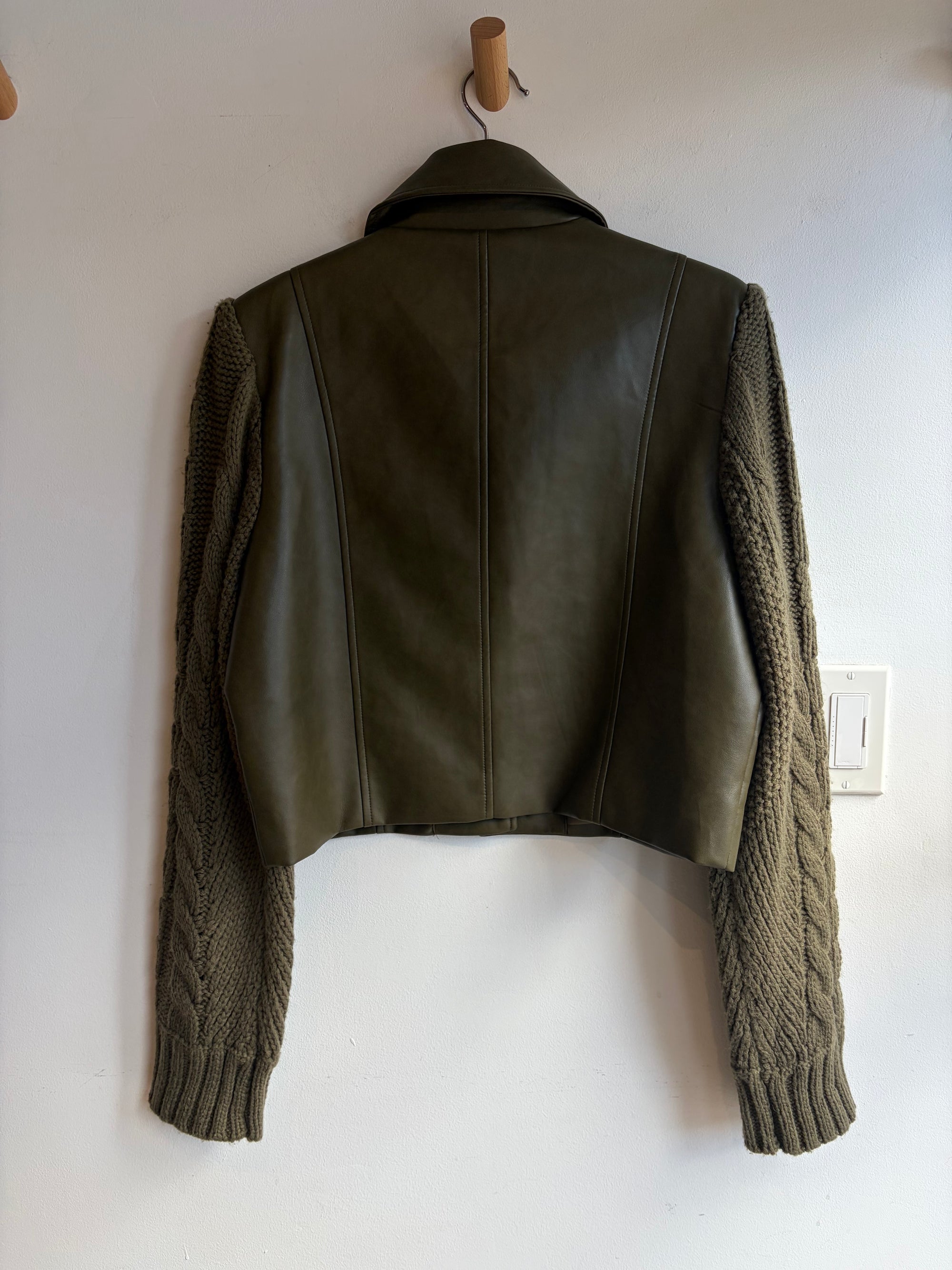 Avec Les Filles, faux leather cropped utility jacket with crochet sleeves, Large