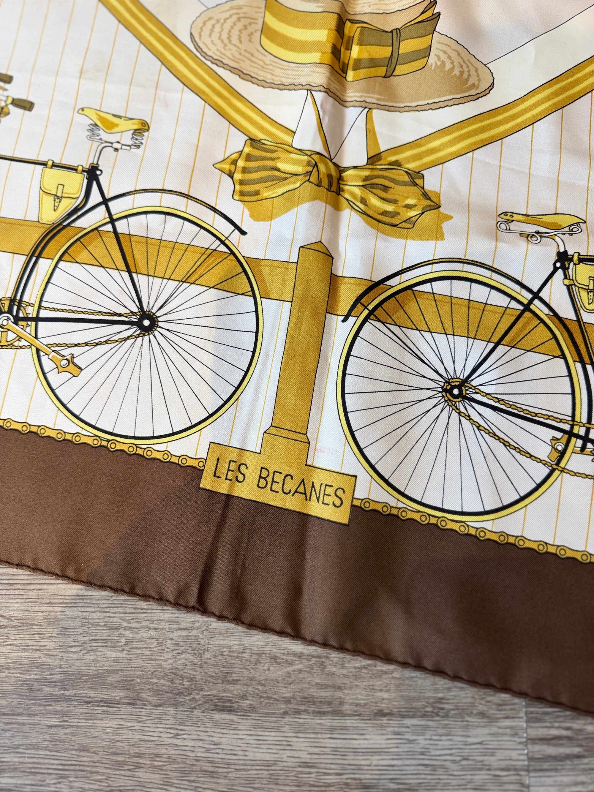 Hermès Les Becanes Silk Scarf, Circa 1953,  Cream/Brown/Yellow, 90x90