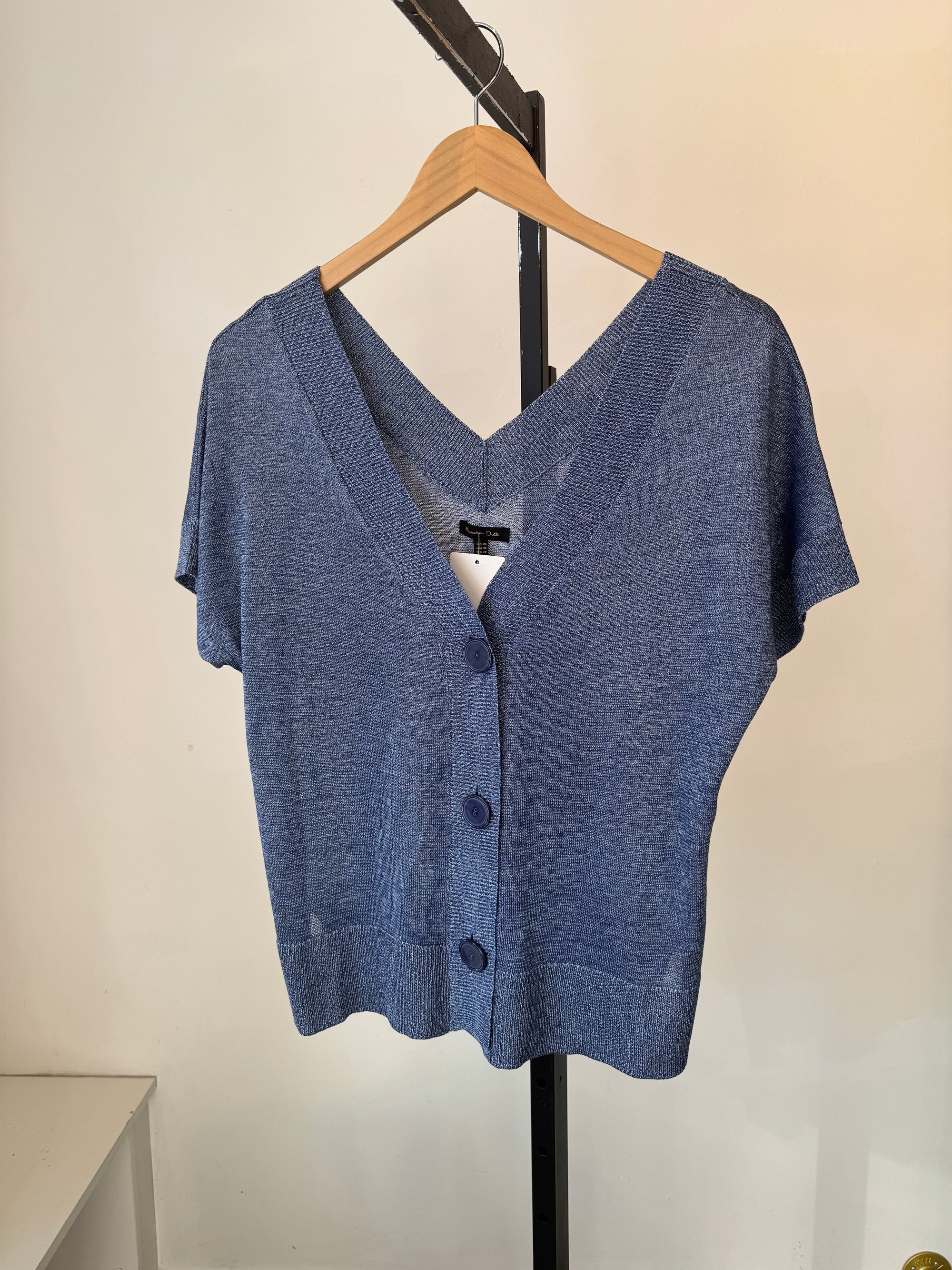 Massimo Dutti Semi Sheer Button-up Short Knit Sleeve Top, Blue, XS