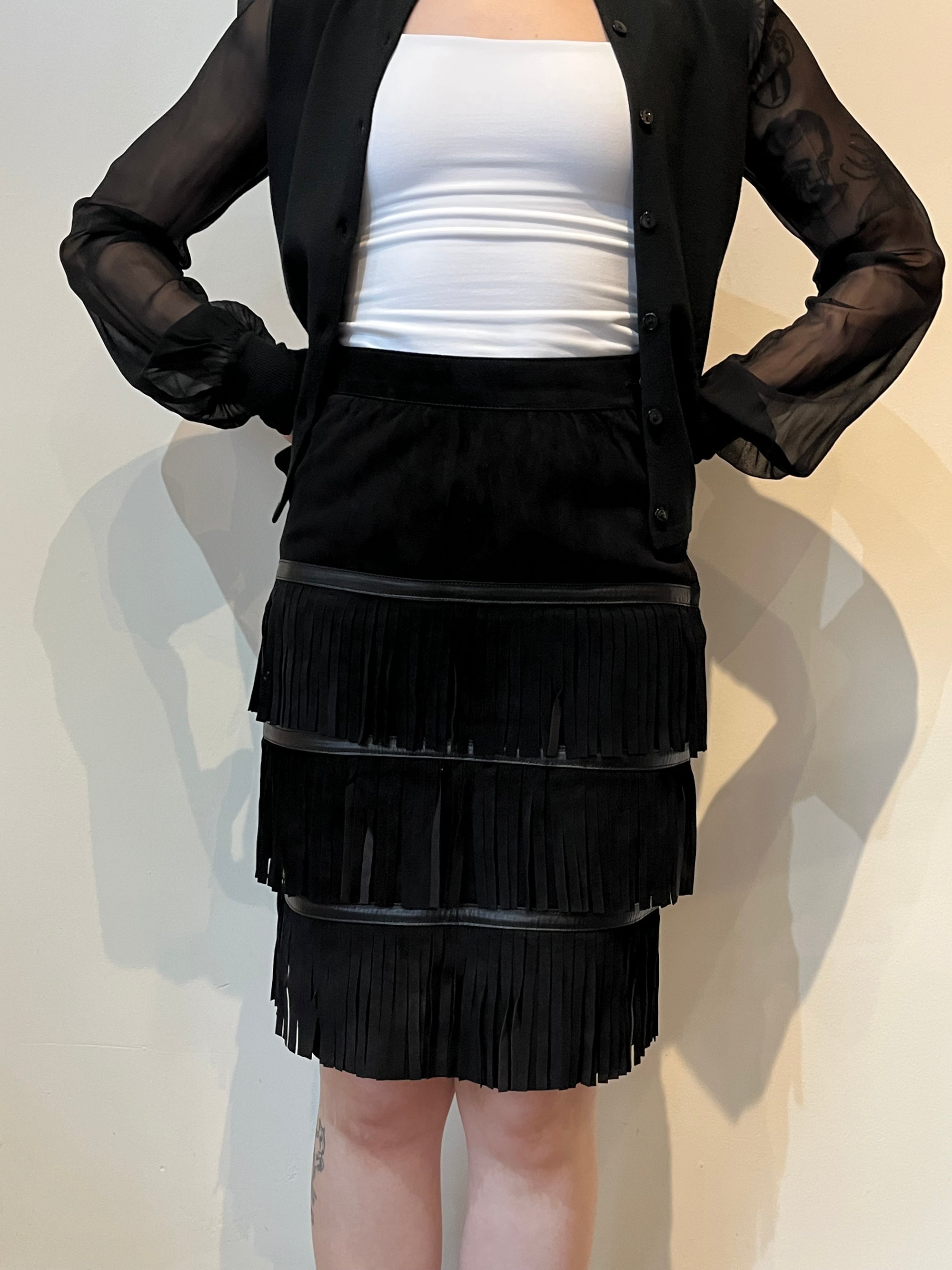 Saint Laurent Vintage Rive Gauche Suede Fringe Skirt, Black, 38