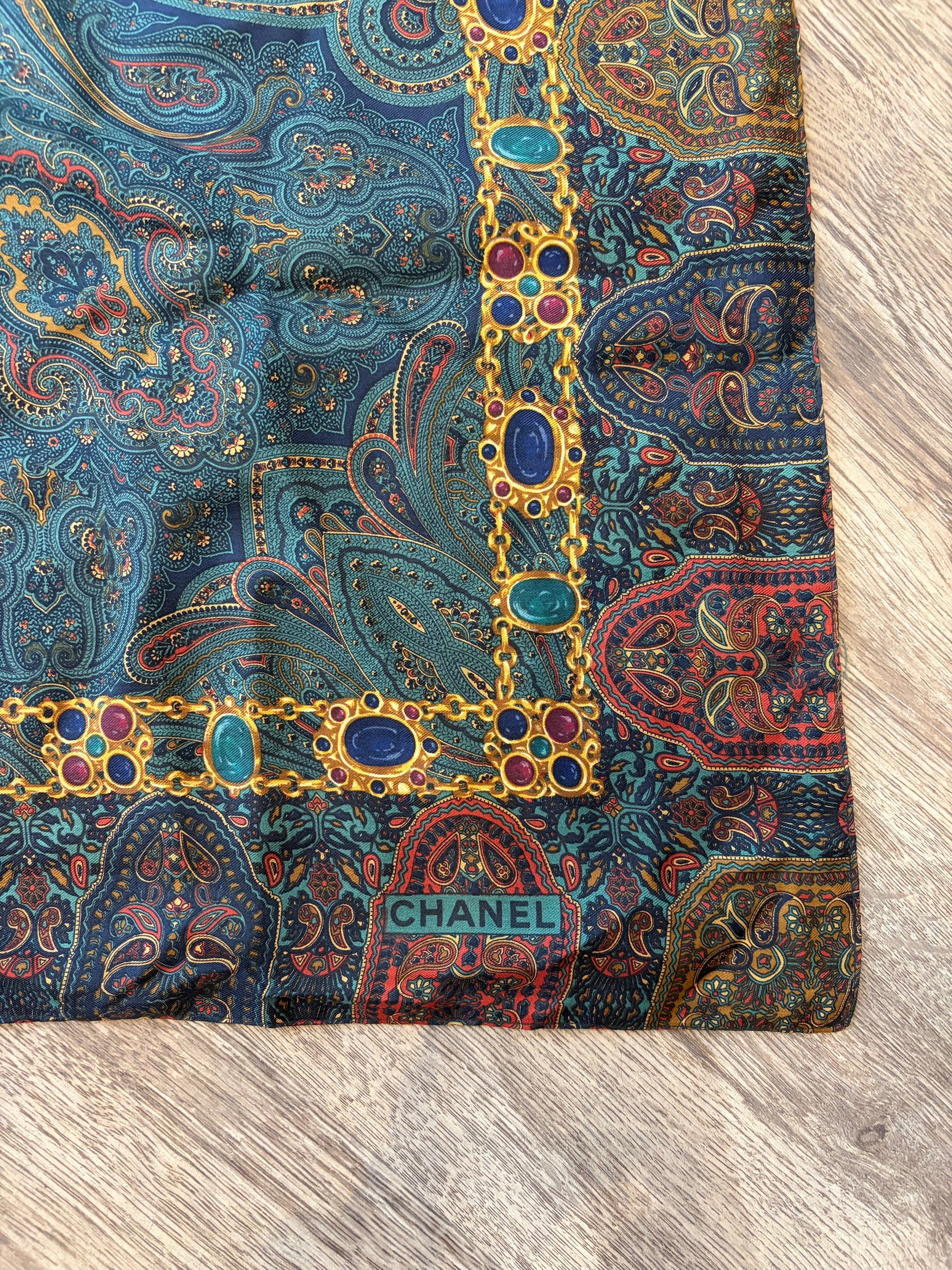 Chanel Silk/Wool Paisley Square Scarf, Green, 34'' x 34''