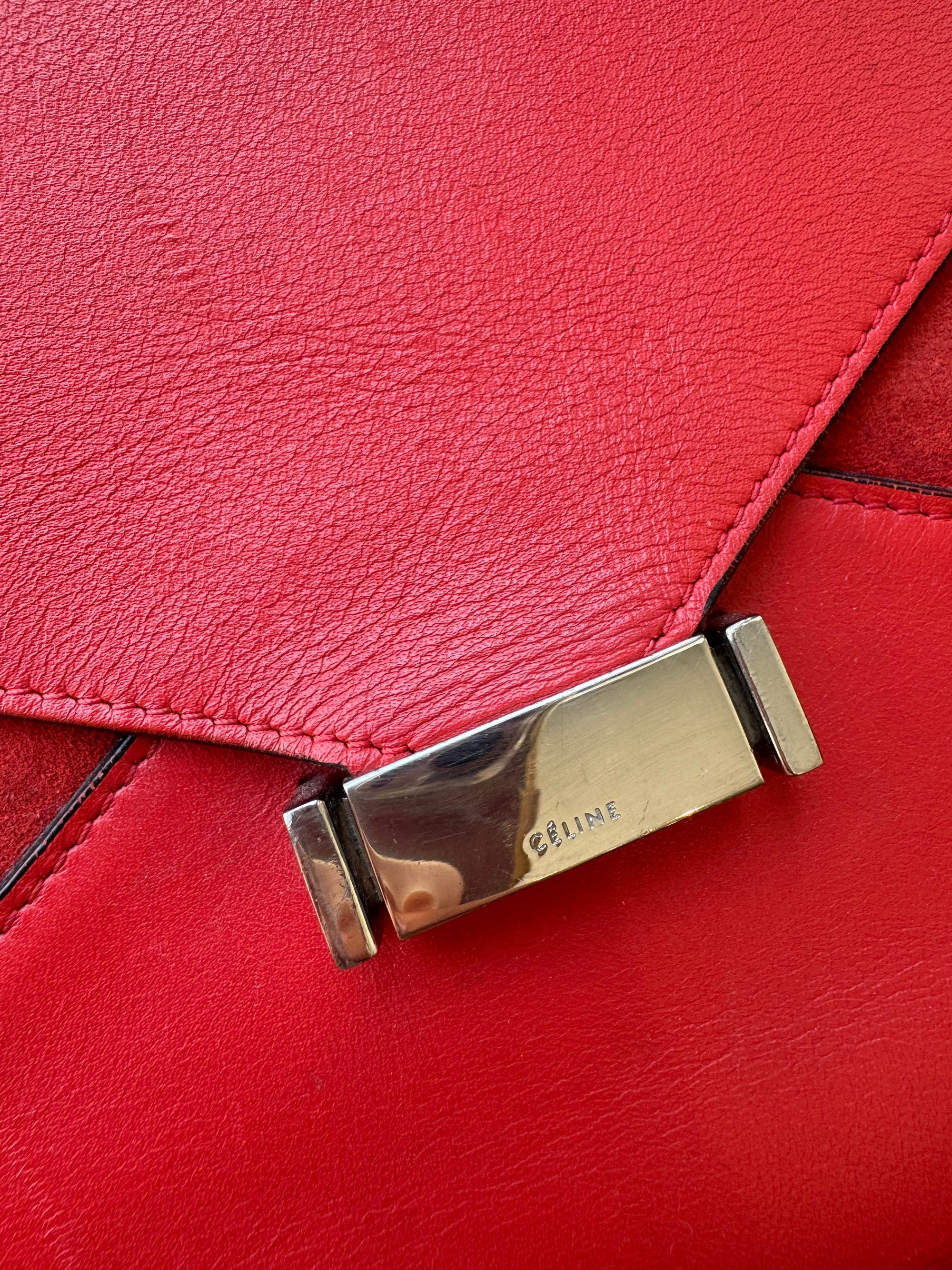 Celine Red Leather And Suede Diamond Clutch Handbag