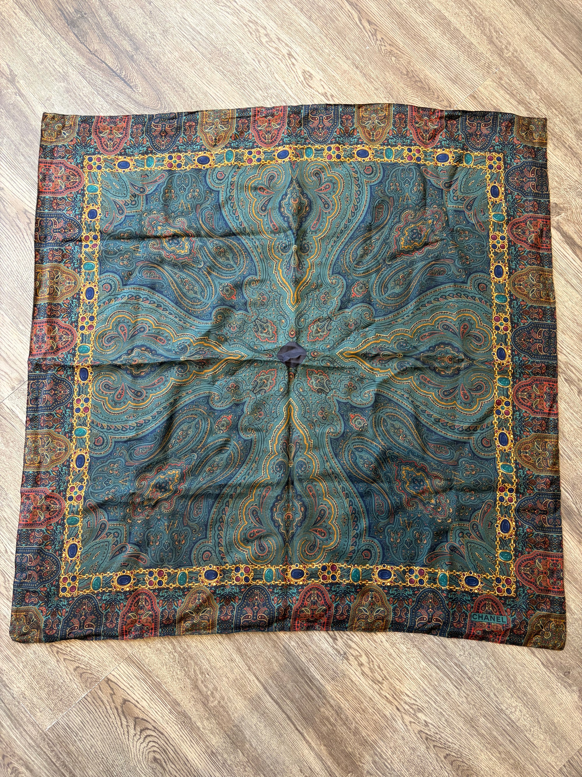 Chanel Silk/Wool Paisley Square Scarf, Green, 34'' x 34''