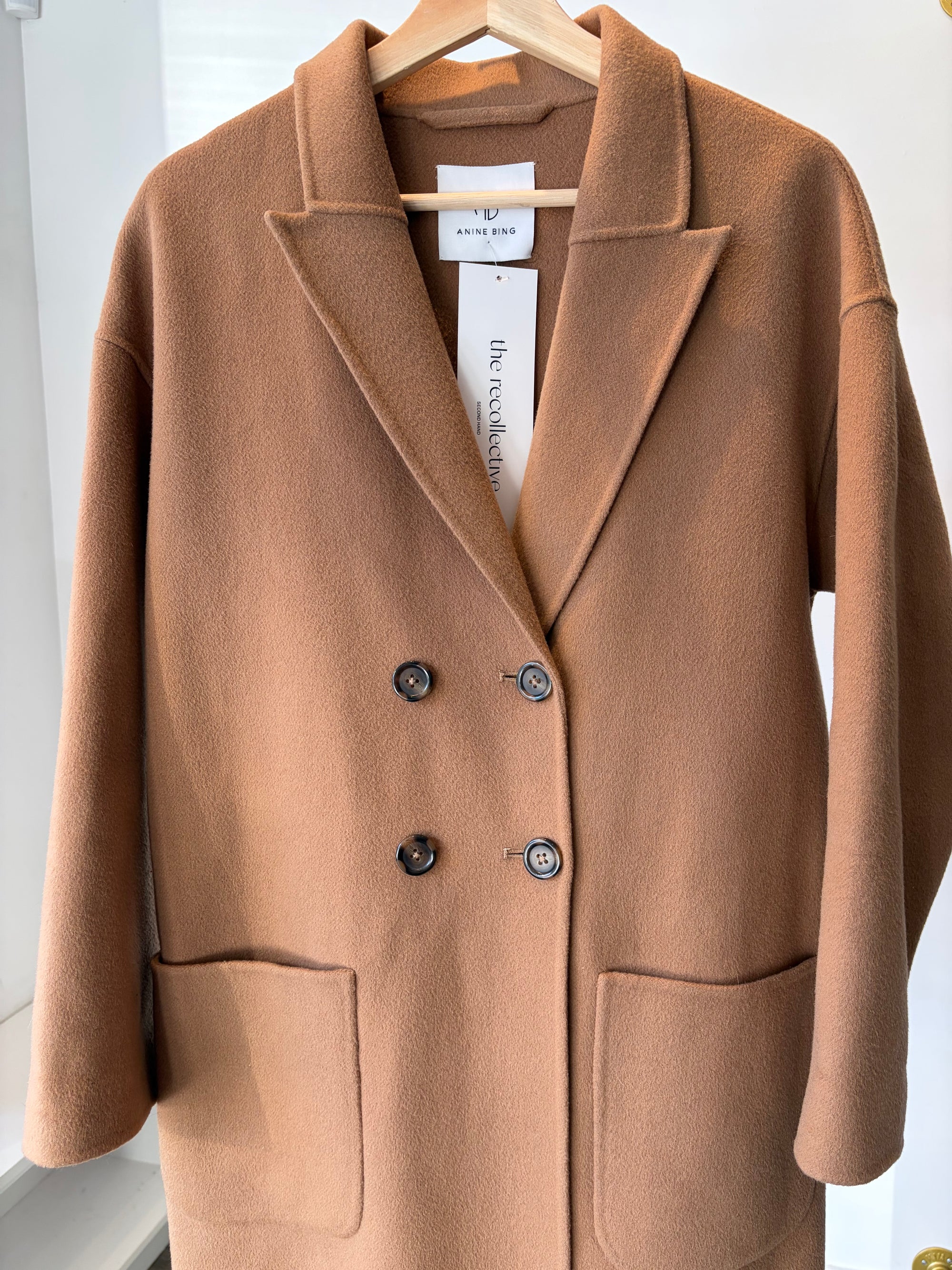 Anine Bing Dylan belted long coat, wool/cashmere blend, Camel, XS