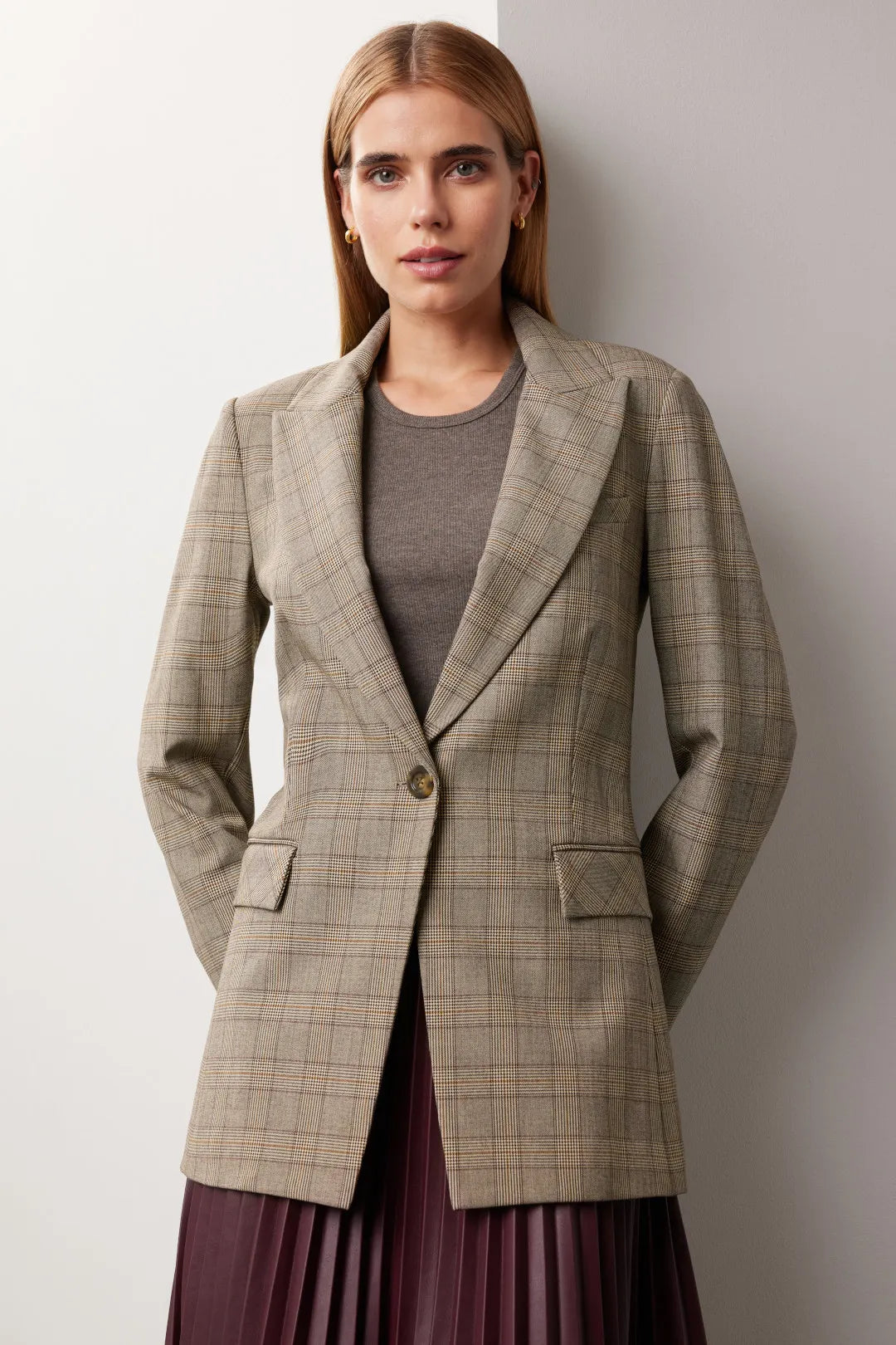 Veronica Beard Long and Lean Plaid Dickey Jacket, Brown, 12