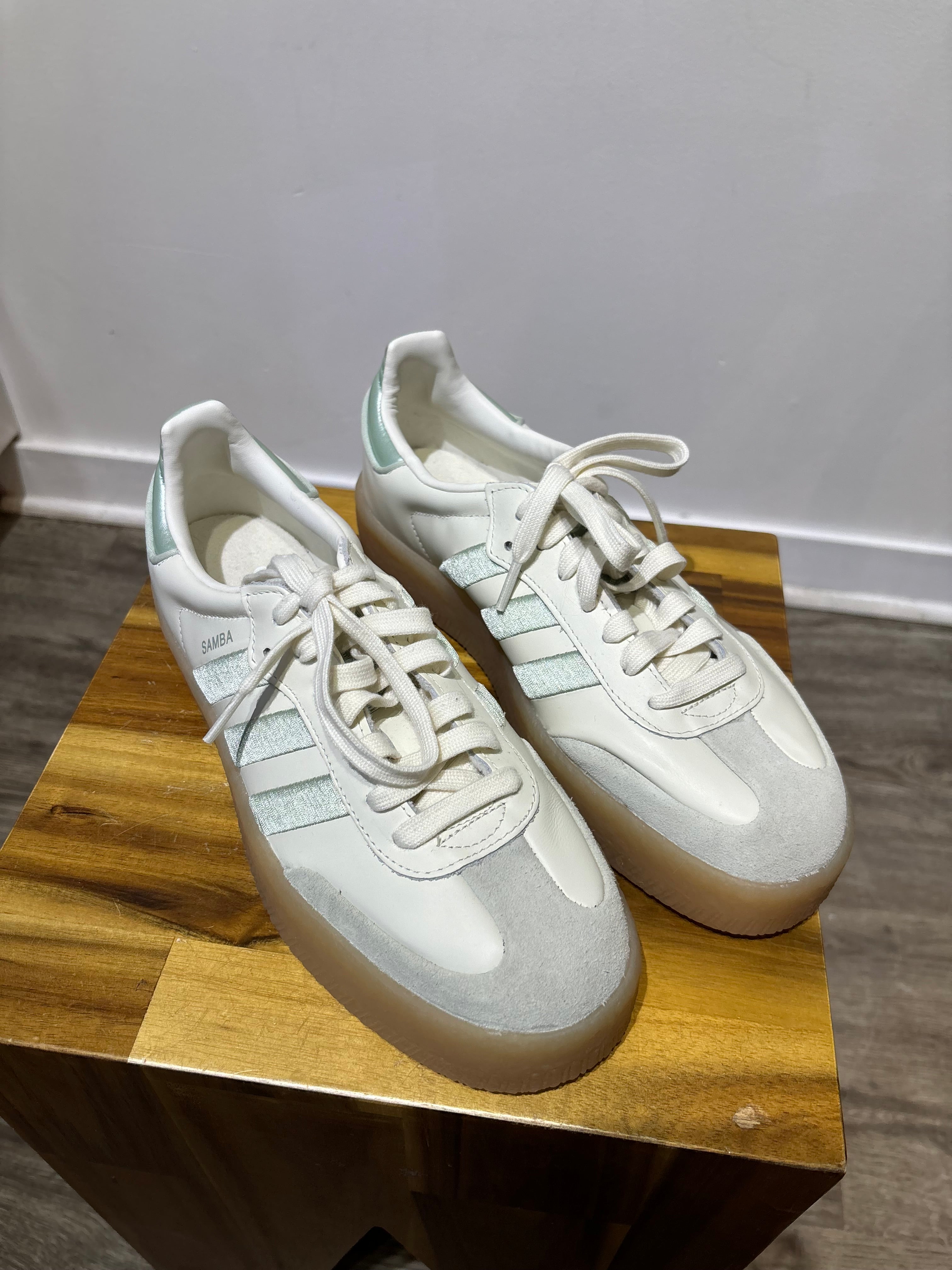 Adidas white + metallic green Sambae sneakers