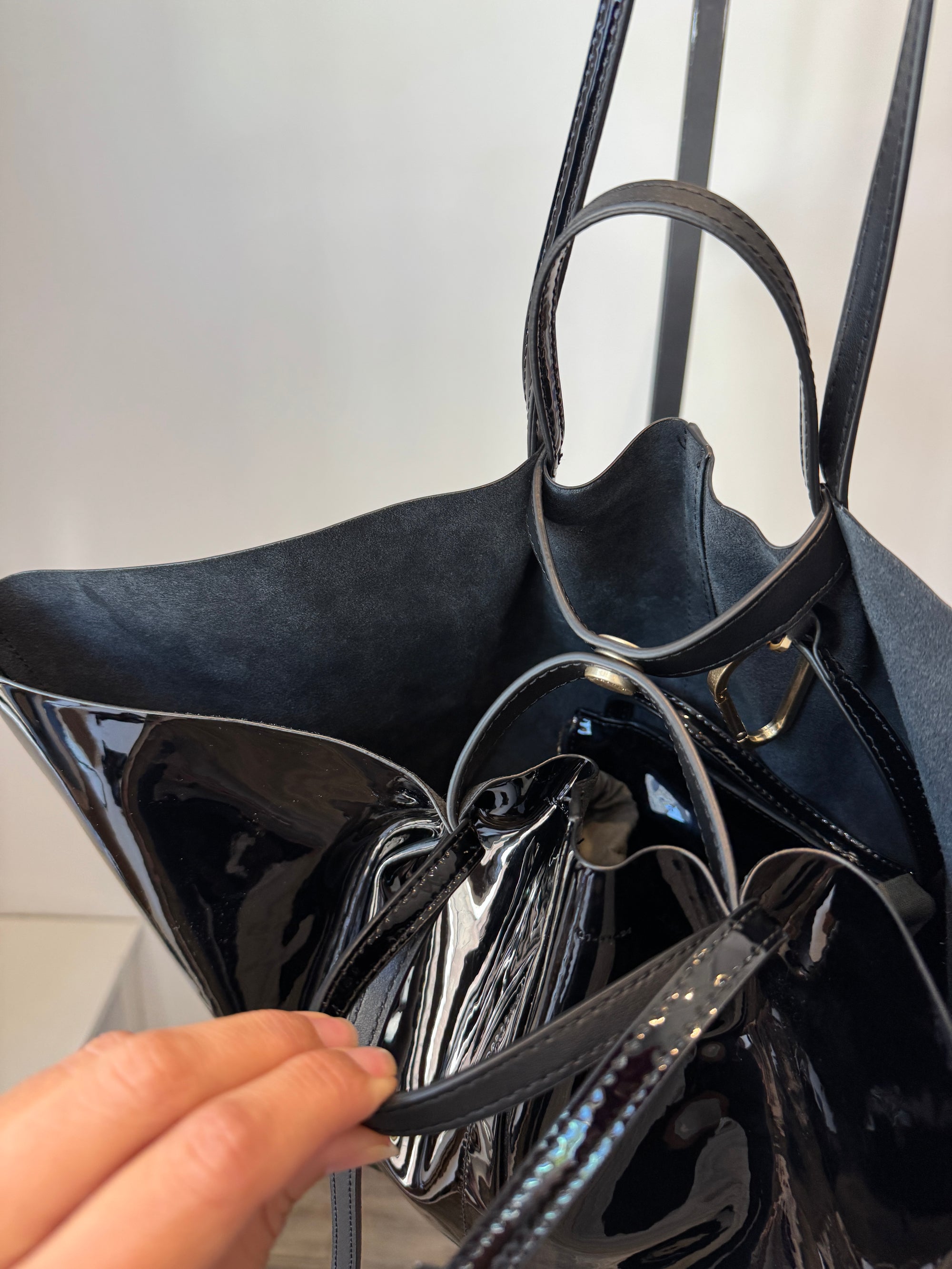 All Saints Patent Leather Tote Handbag Black