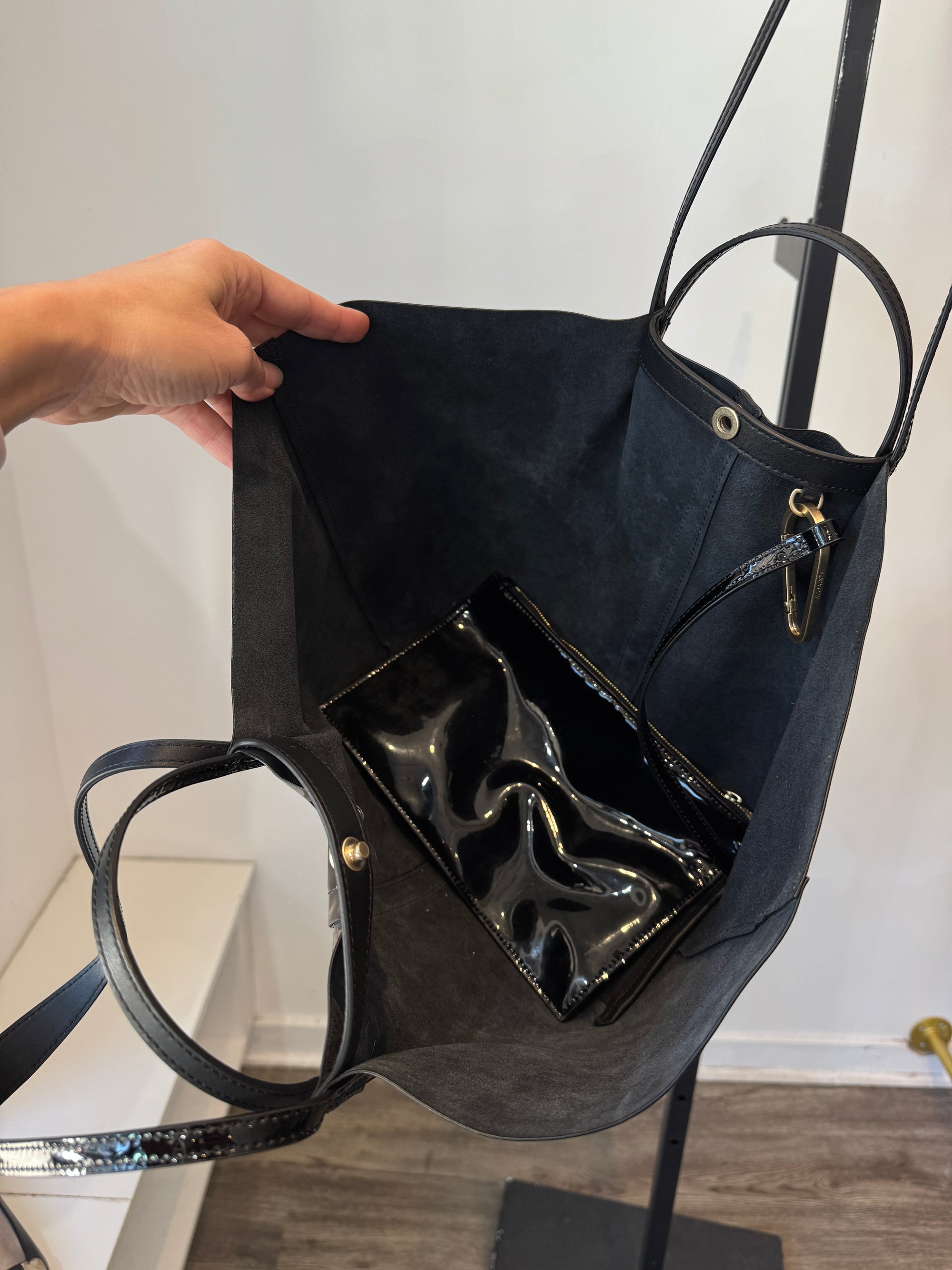 All Saints Patent Leather Tote Handbag Black