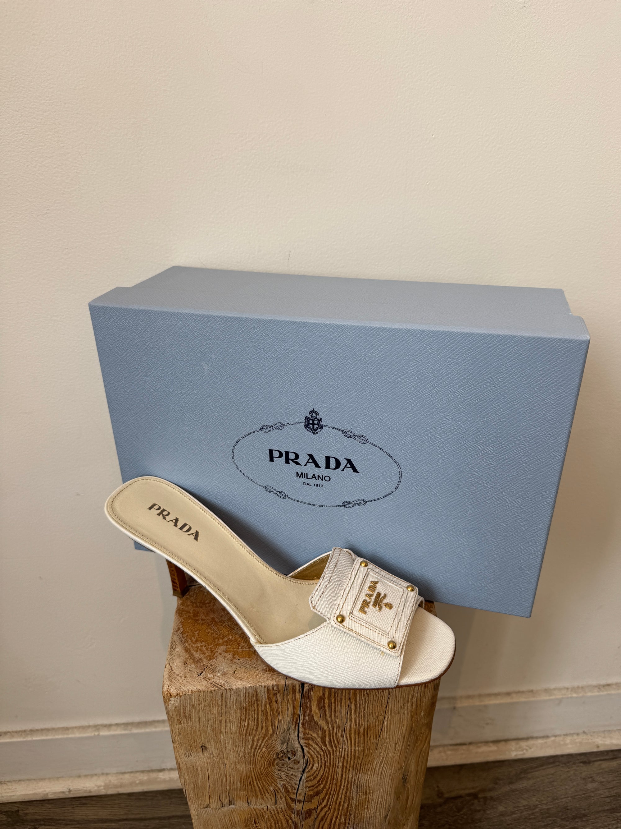 Prada Logo Mule Heels, White, 40
