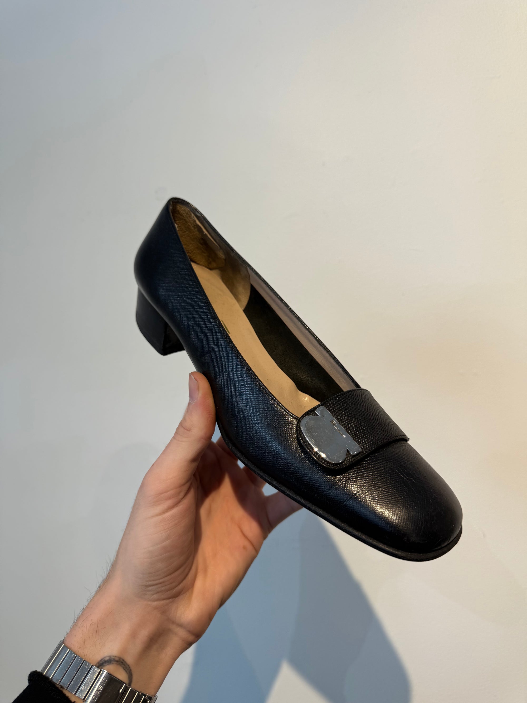 Ferragamo Vintage Block Heel Flats Black, 9.5