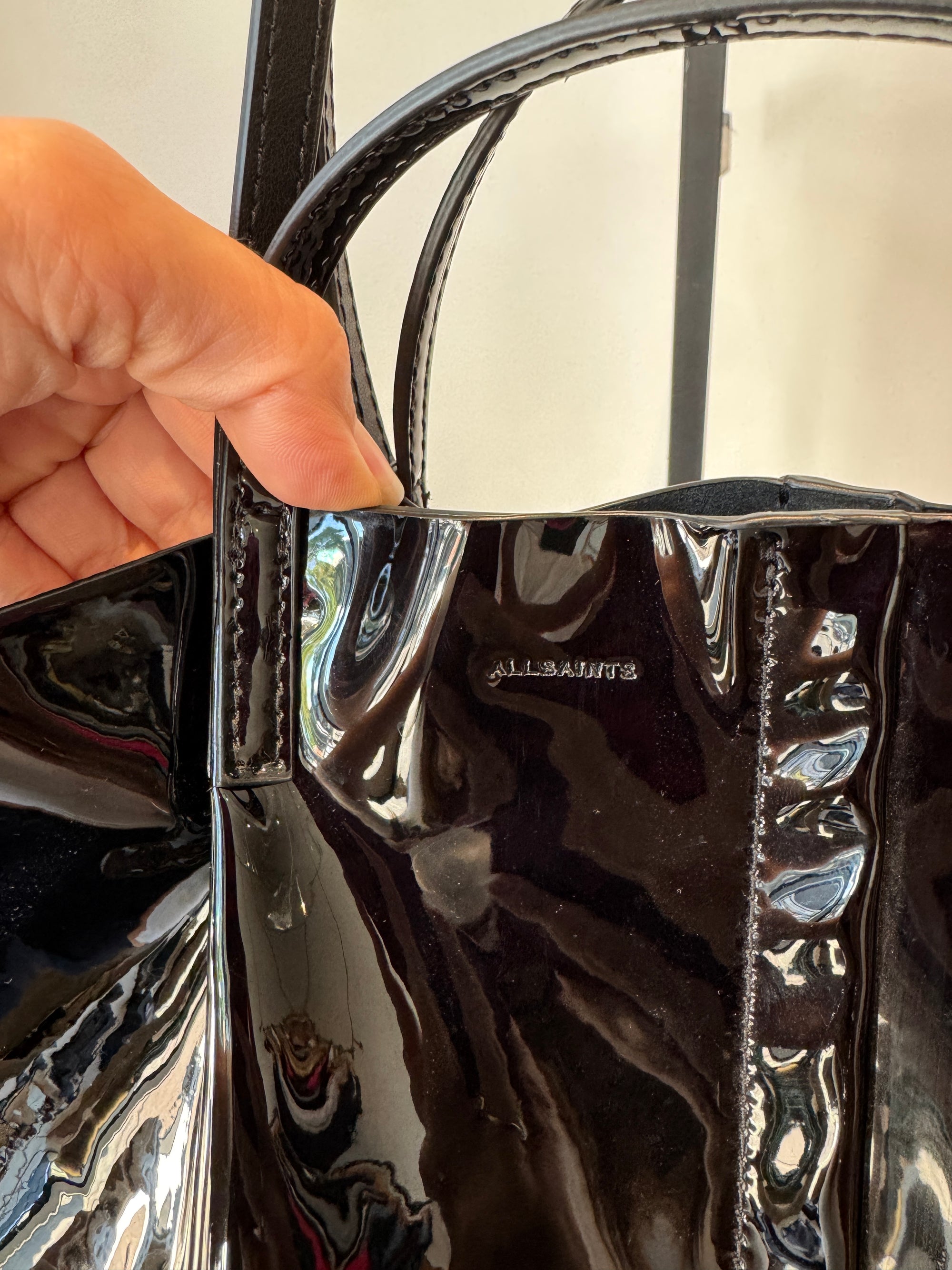 All Saints Patent Leather Tote Handbag Black