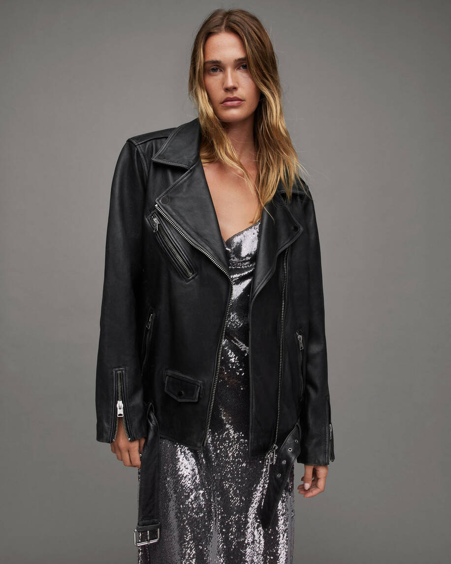 All Saints Billie Oversized Leather Jacket Black, M