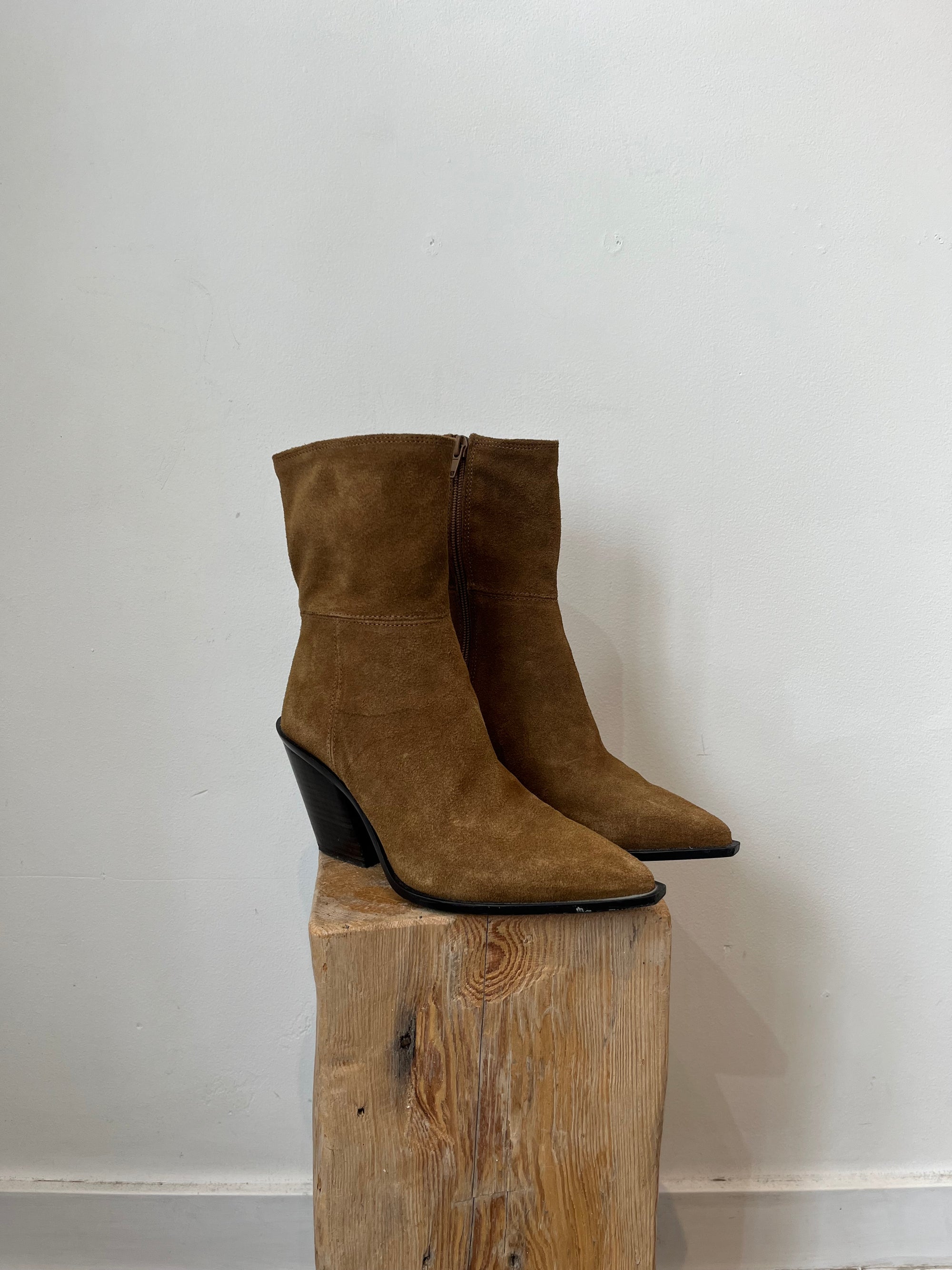 Zara Suede Block Heel Boots, Brown, 35