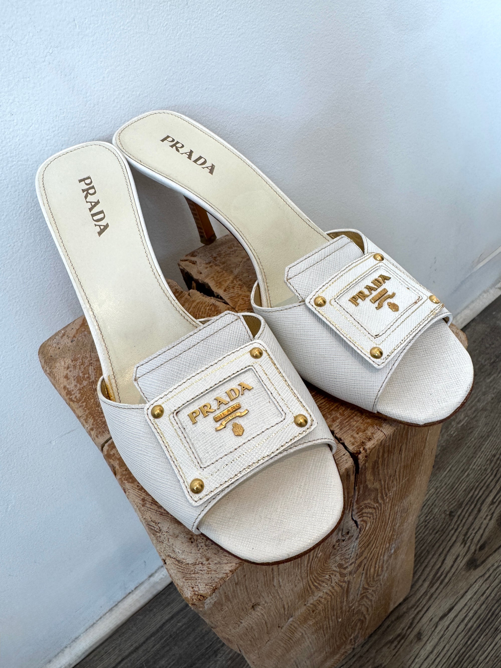 Prada Logo Mule Heels, White, 40