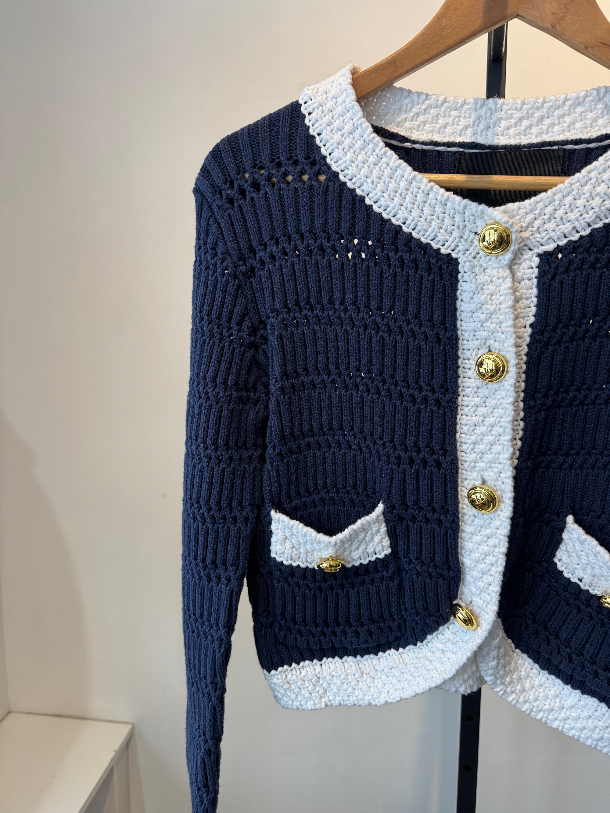 English Factory knit cardigan with gold buttons, Navy/White, Small
