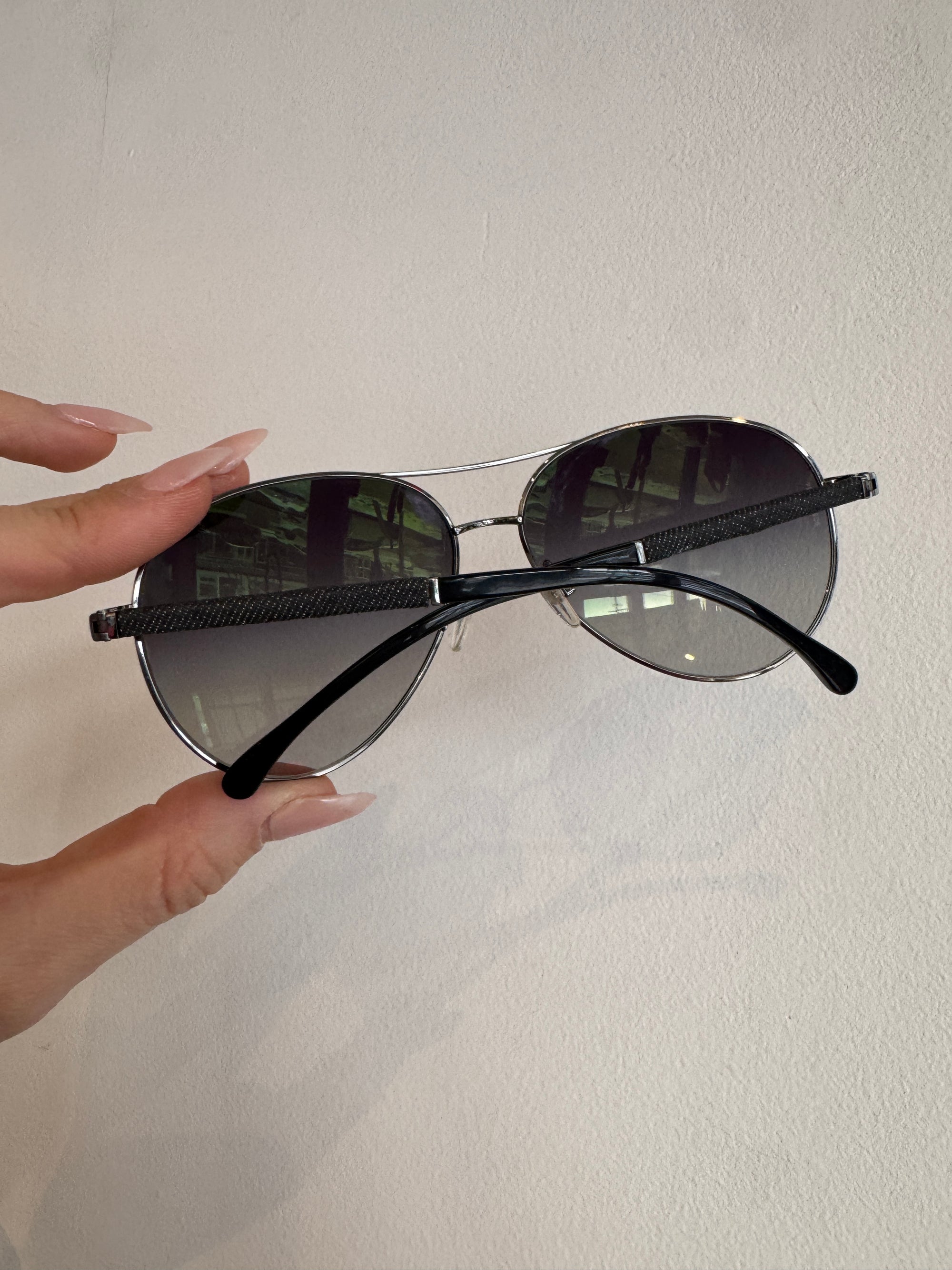 Chanel Aviator Sunglasses with denim arm detail,  Black/Silver