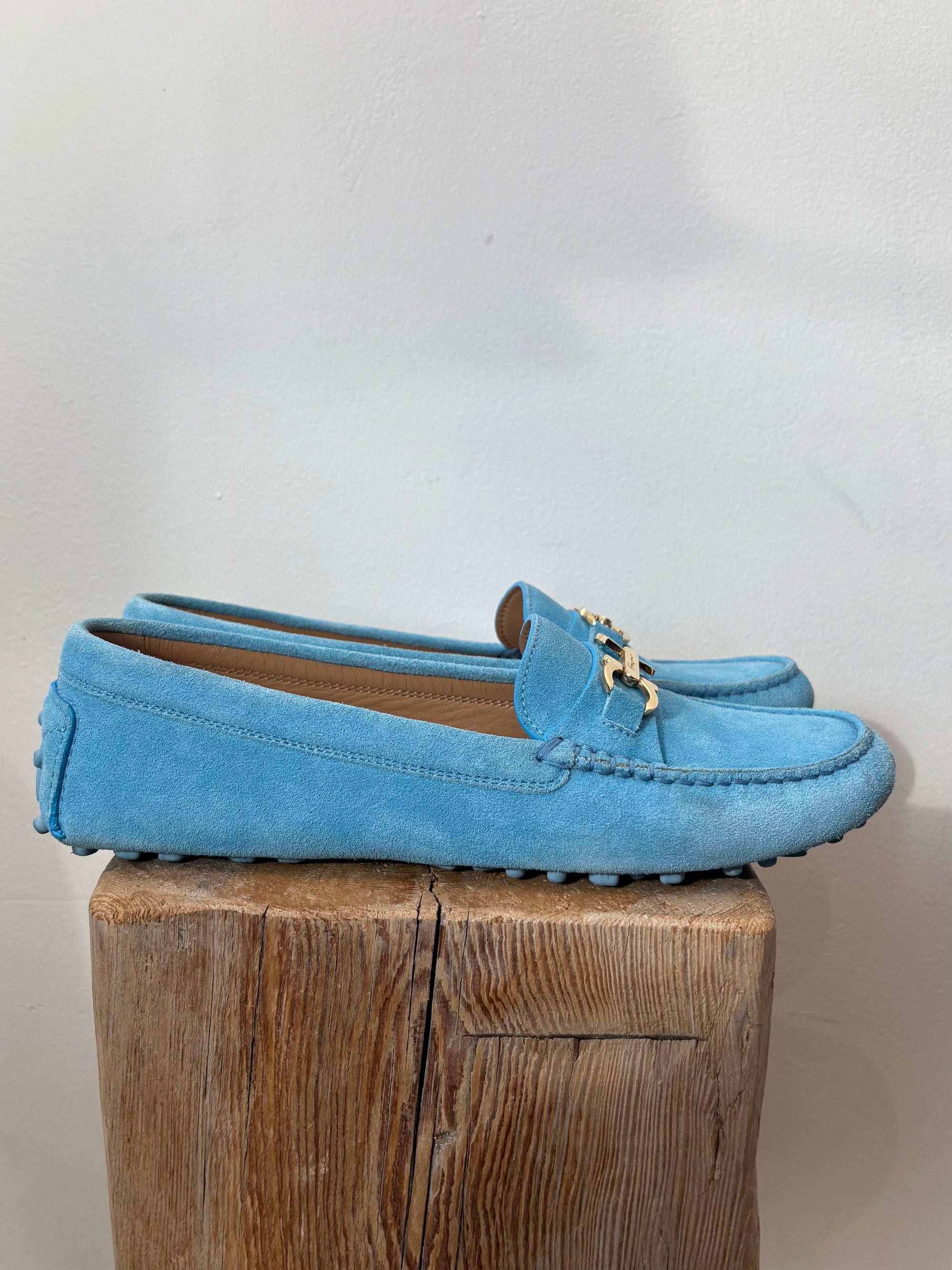 Ferragamo Suede Loafer, blue with gold buckle, 6.5