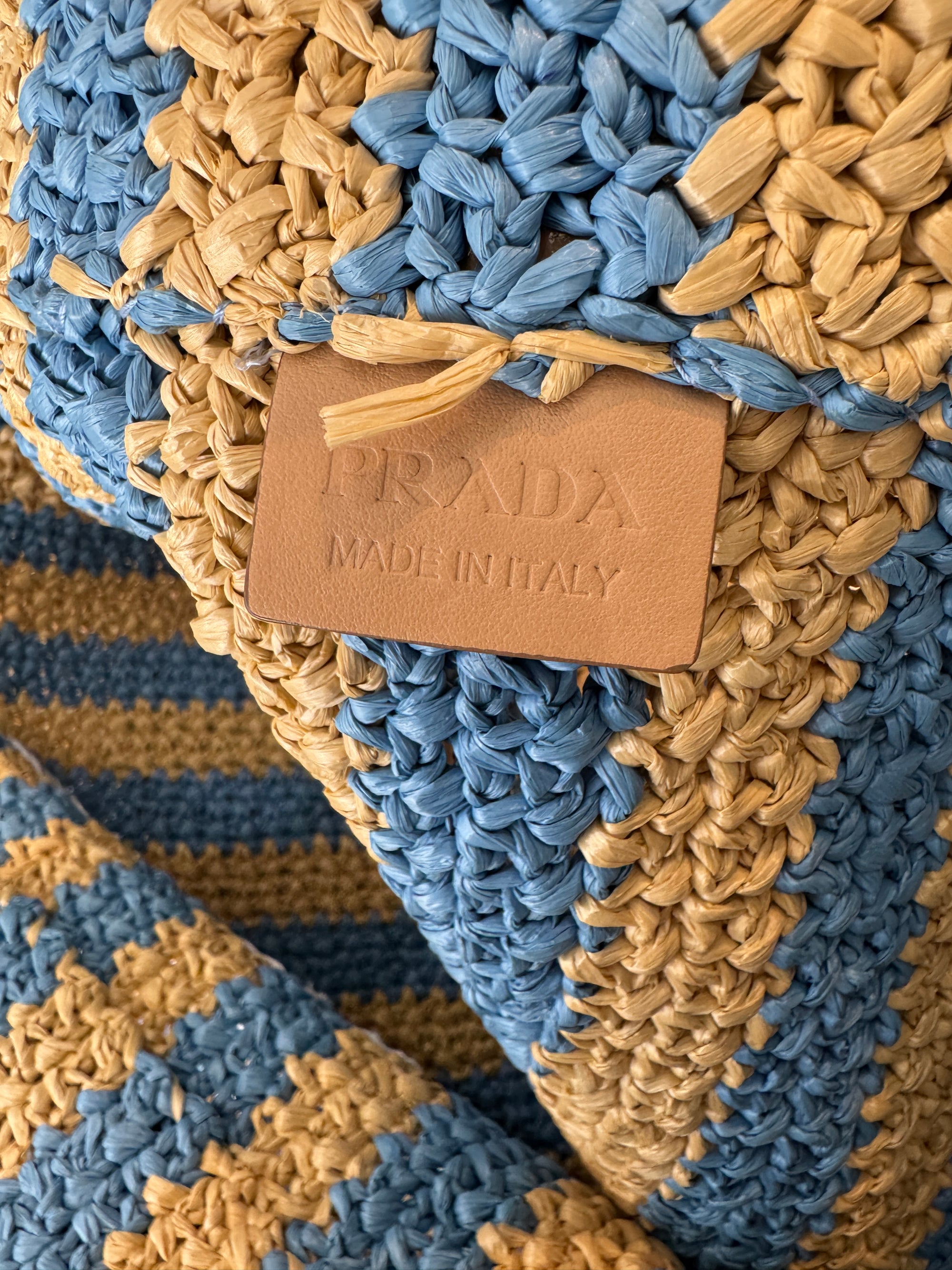 Prada Raffia Tote Bag, Tan / Blue, Large