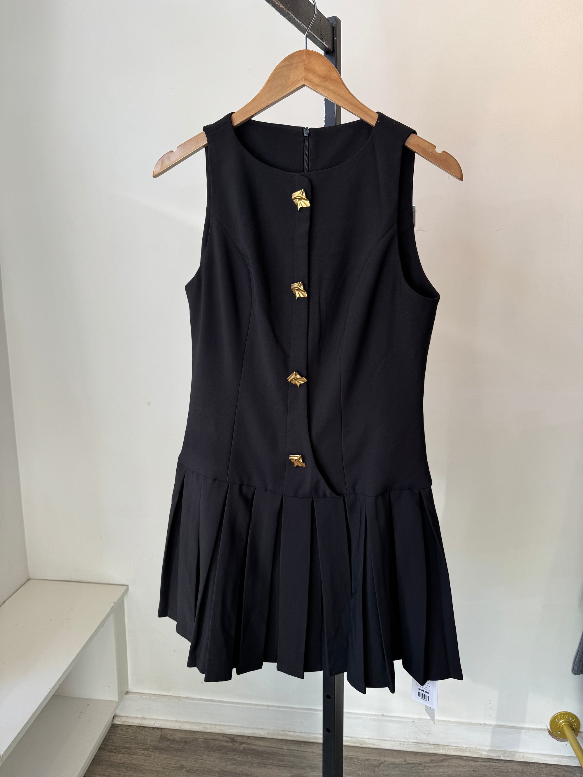 Commense Black Sleeveless Mini Dress with Pleated Skirt and Gold Buttons, Large