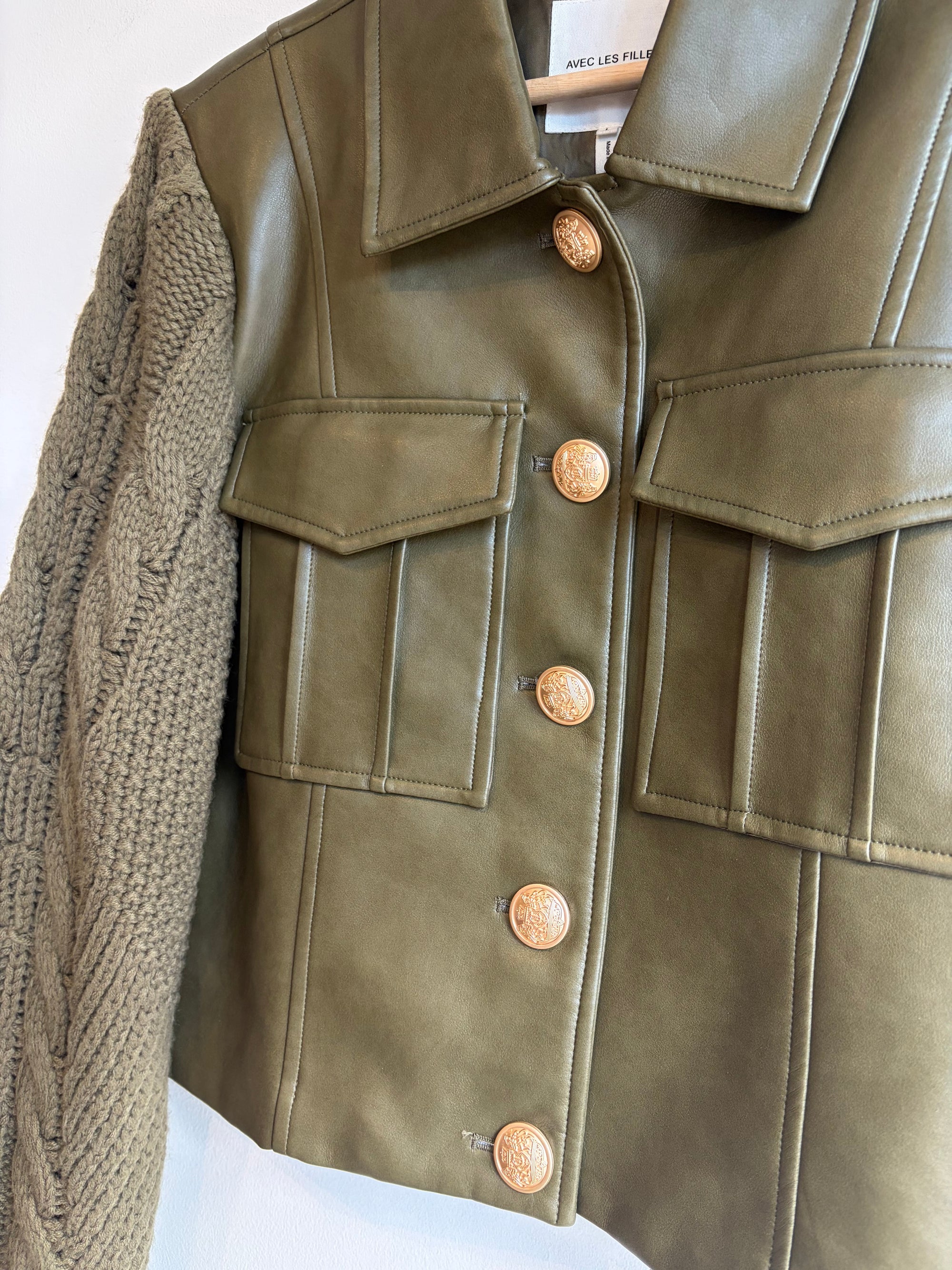 Avec Les Filles, faux leather cropped utility jacket with crochet sleeves, Large