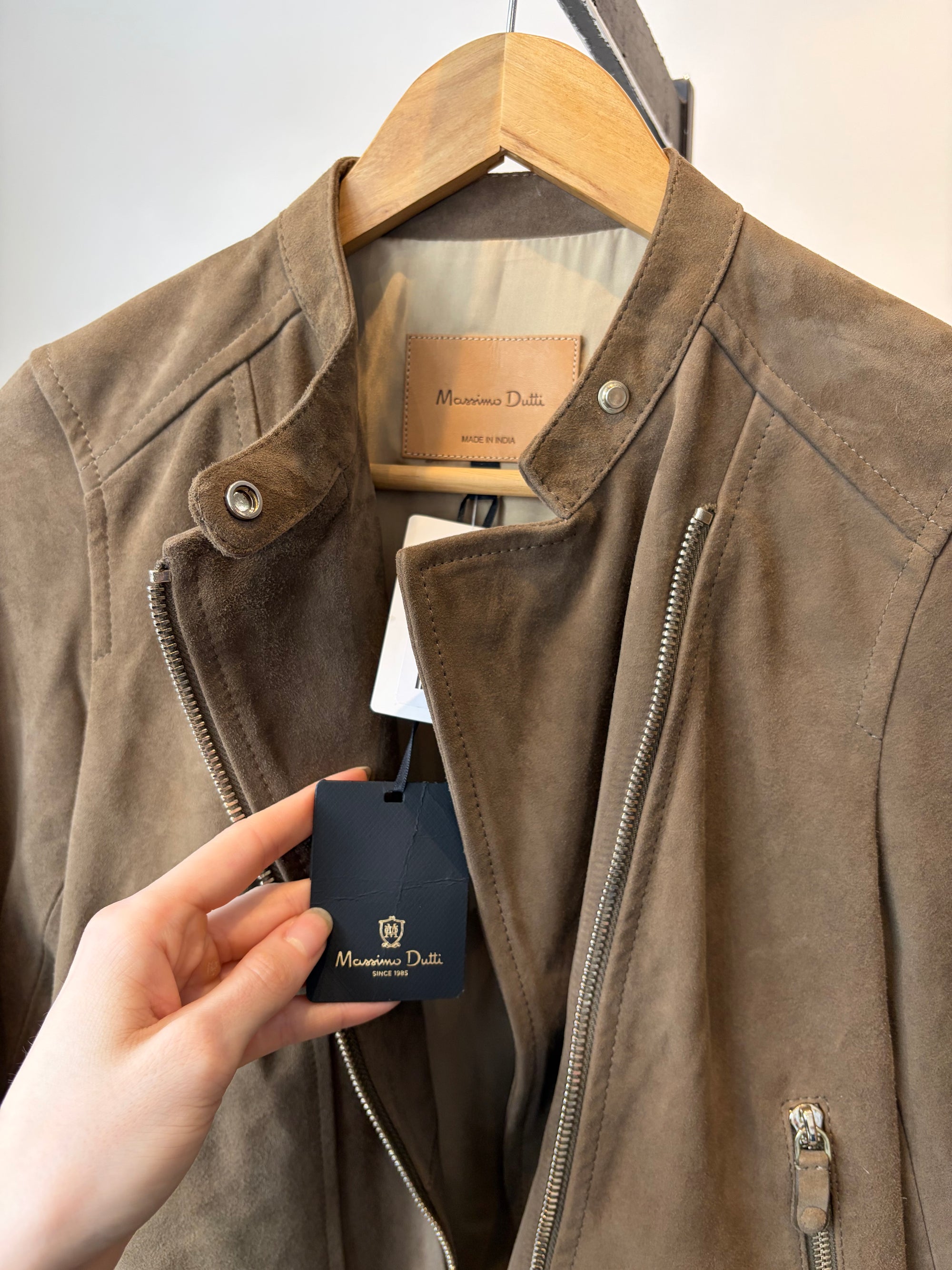 Massimo Dutti Suede Biker Jacket, Taupe, XS