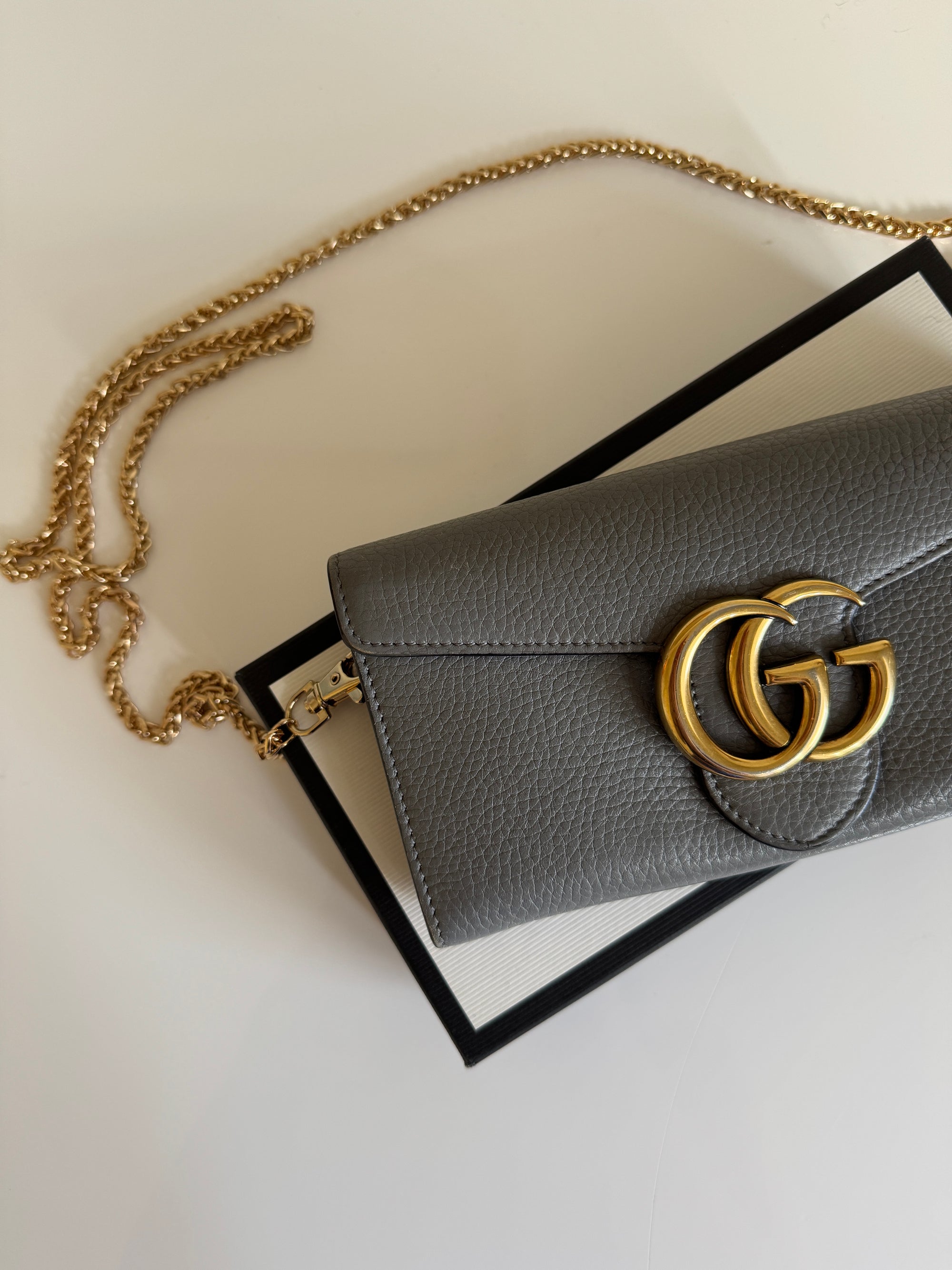 Gucci GG long wallet with gold chain, Grey