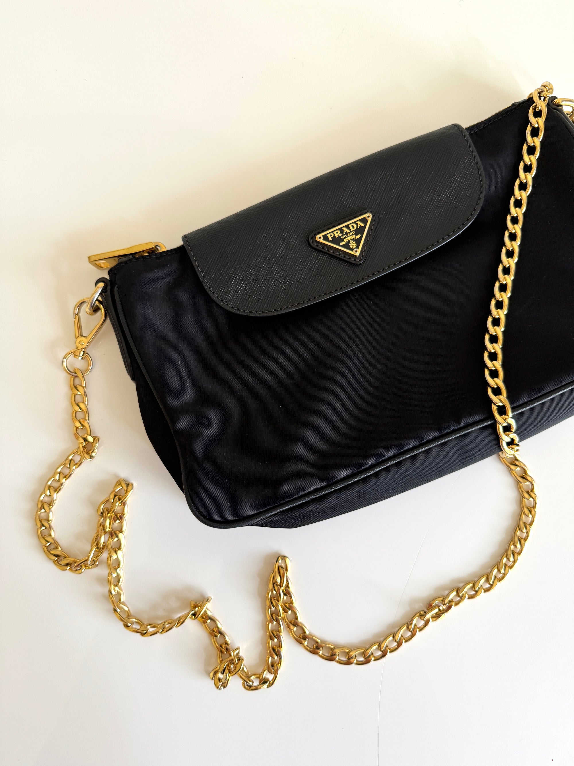 Prada Saffiano Trimmed Nylon Crossbody with gold chain,  Black