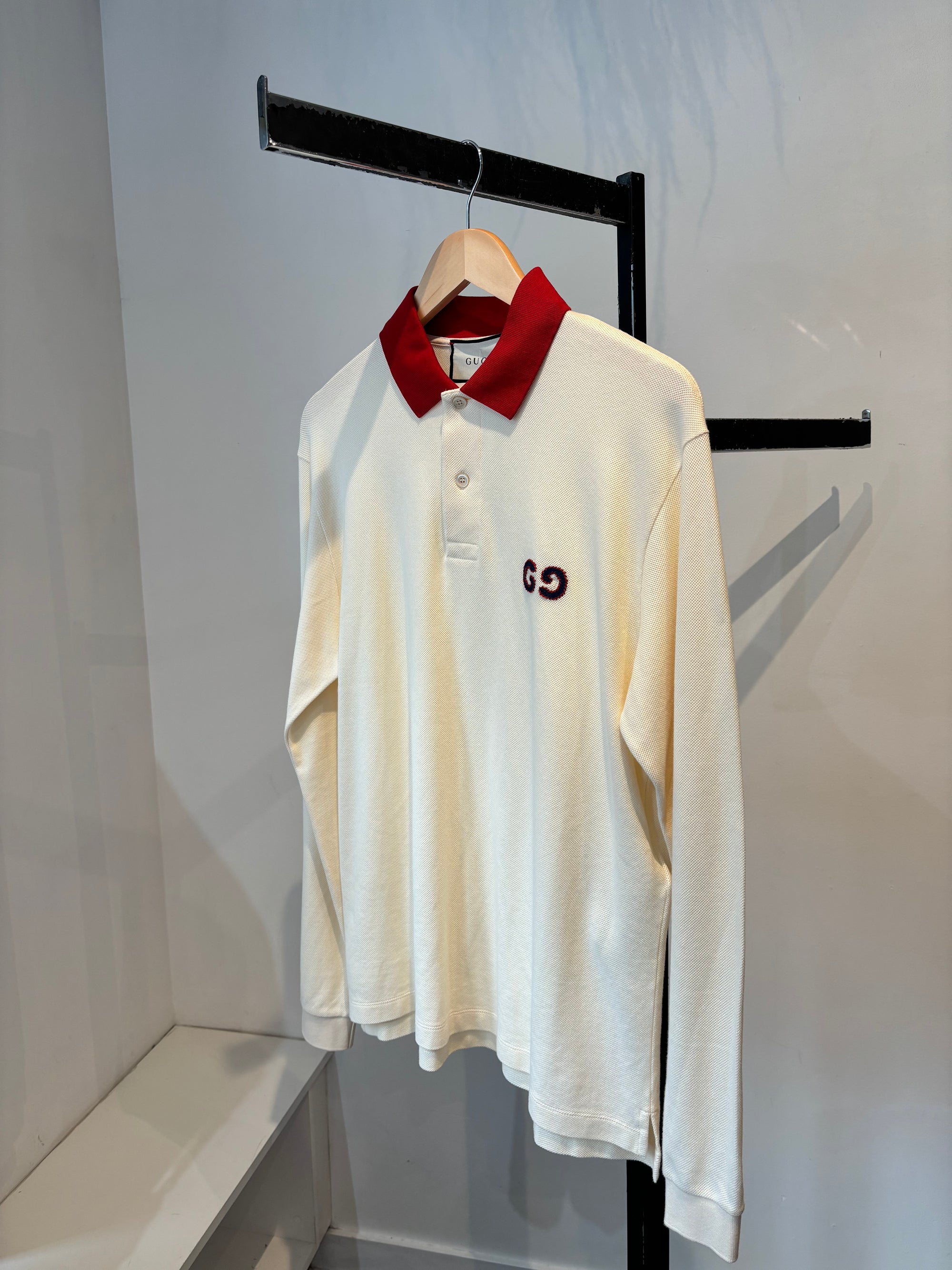 Gucci, GG Embroidery Long Sleeve Polo, Size Small