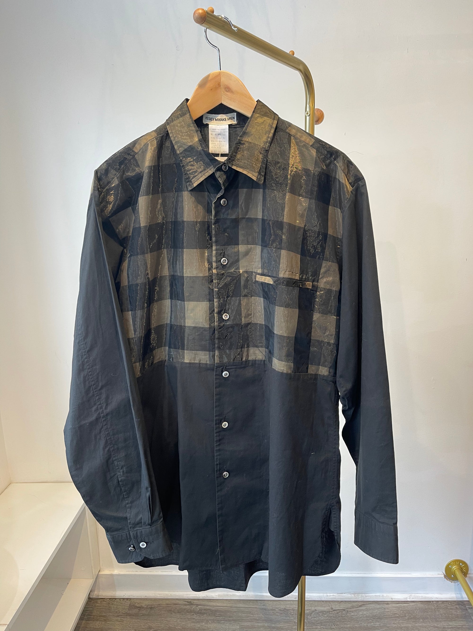 Issey Miyake Brown Button Up Shirt with Sheer Plaid, XL